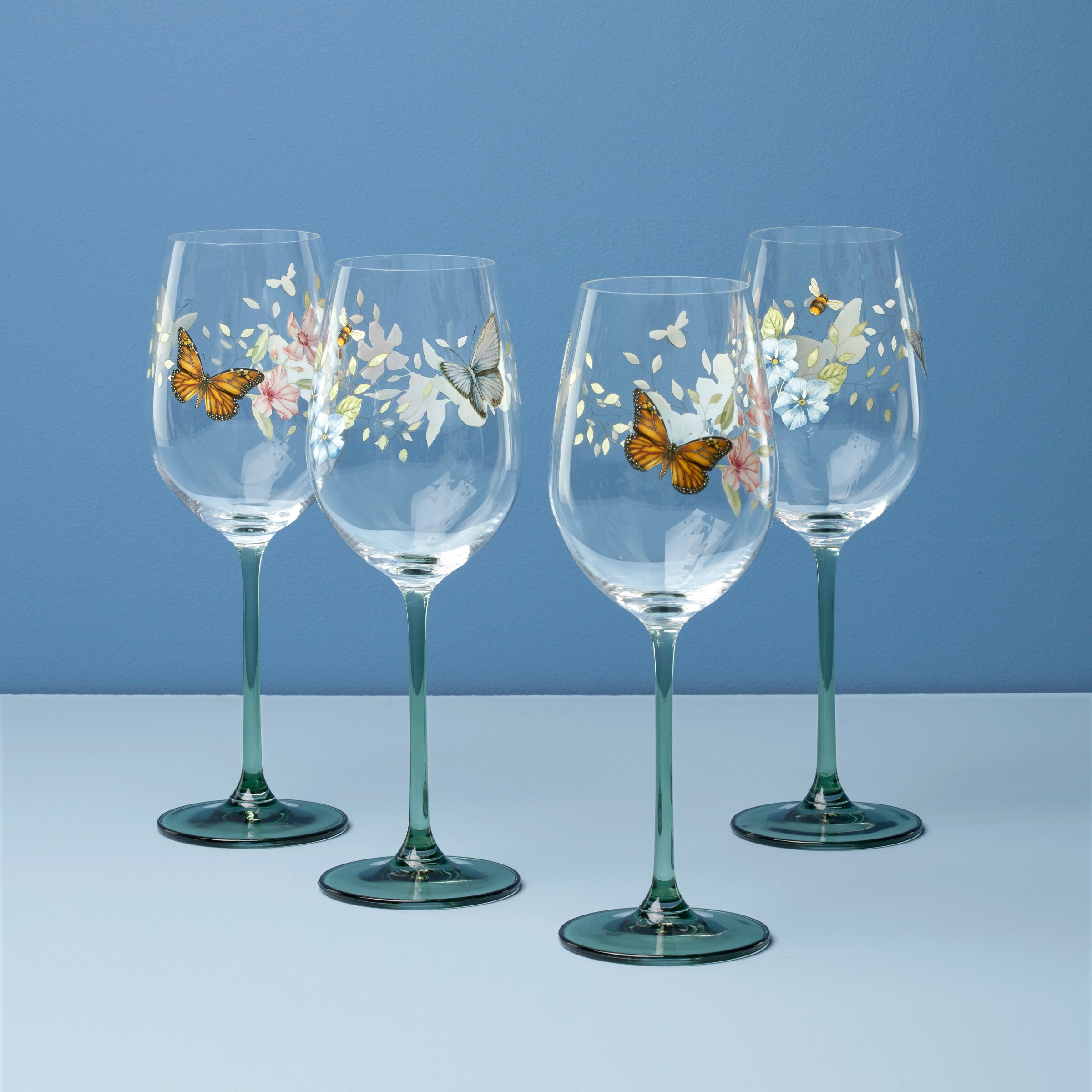 Butterfly Meadow Wine Glasses Set of 4 - Floral & Butterfly Design