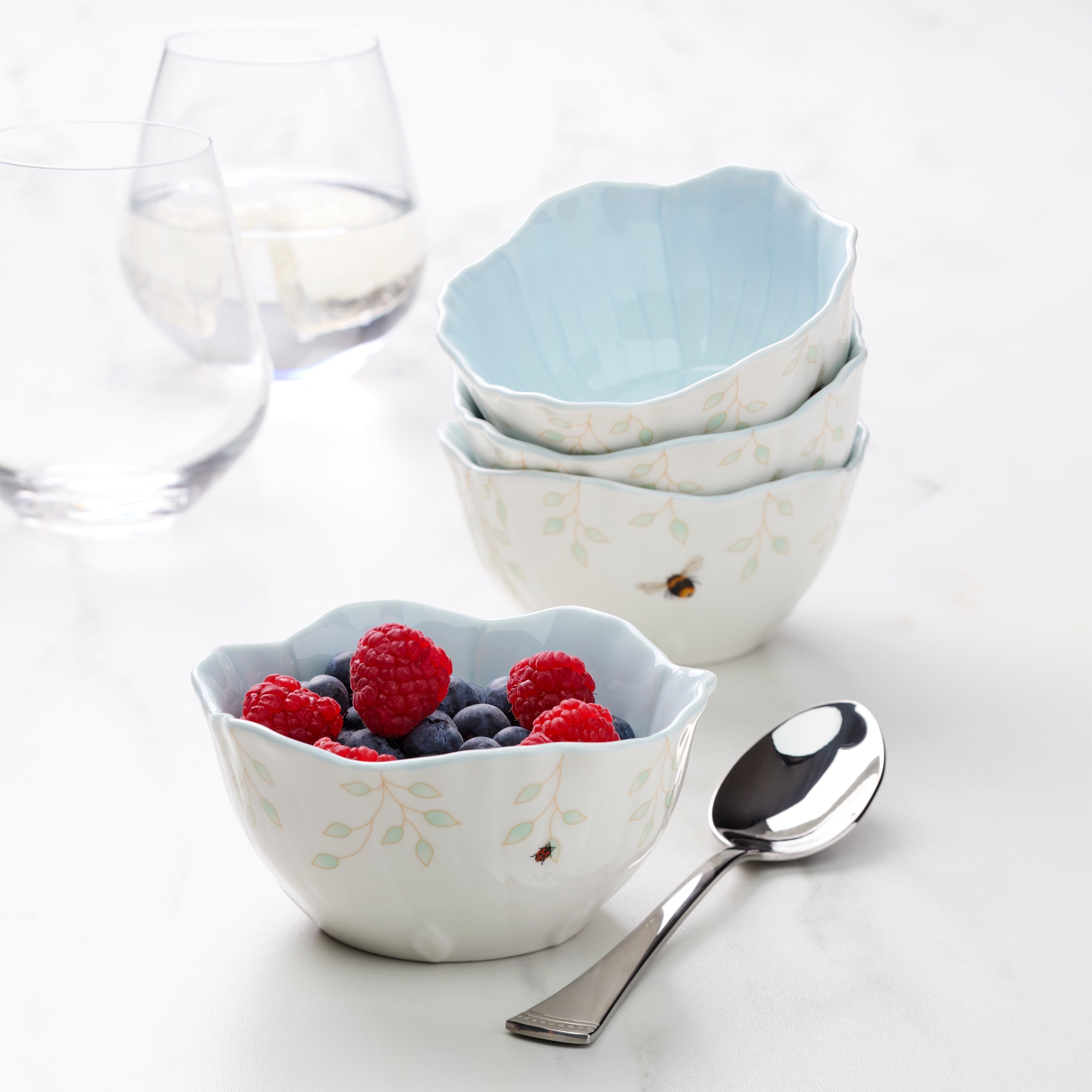 Floral Blue Dessert Bowls Set of 4 | Butterfly Meadow Collection