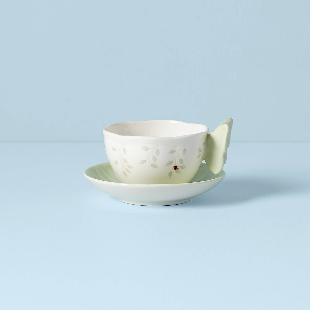 Floral Green Cup and Saucer with Butterfly Handle | Lenox