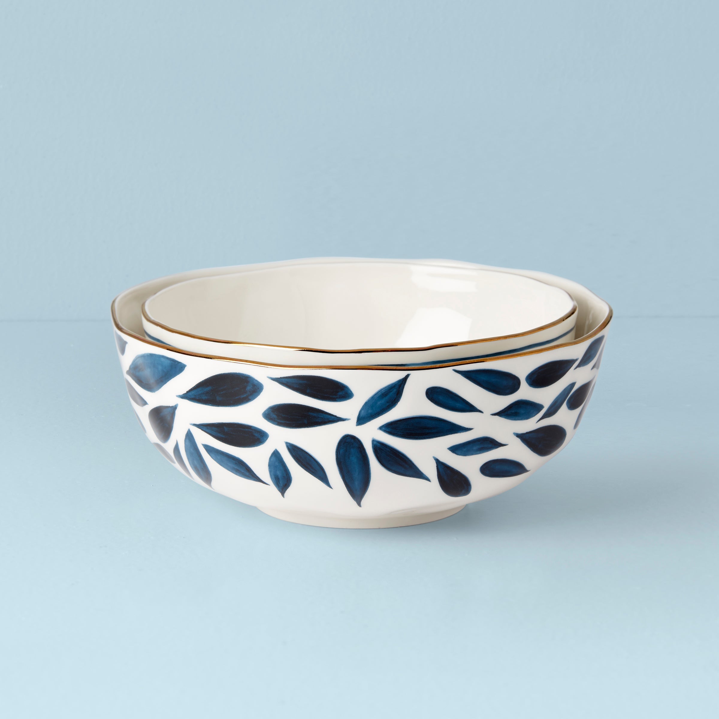 Nesting Bowls Set with Gold Trim & Organic Texture | Blue Bay