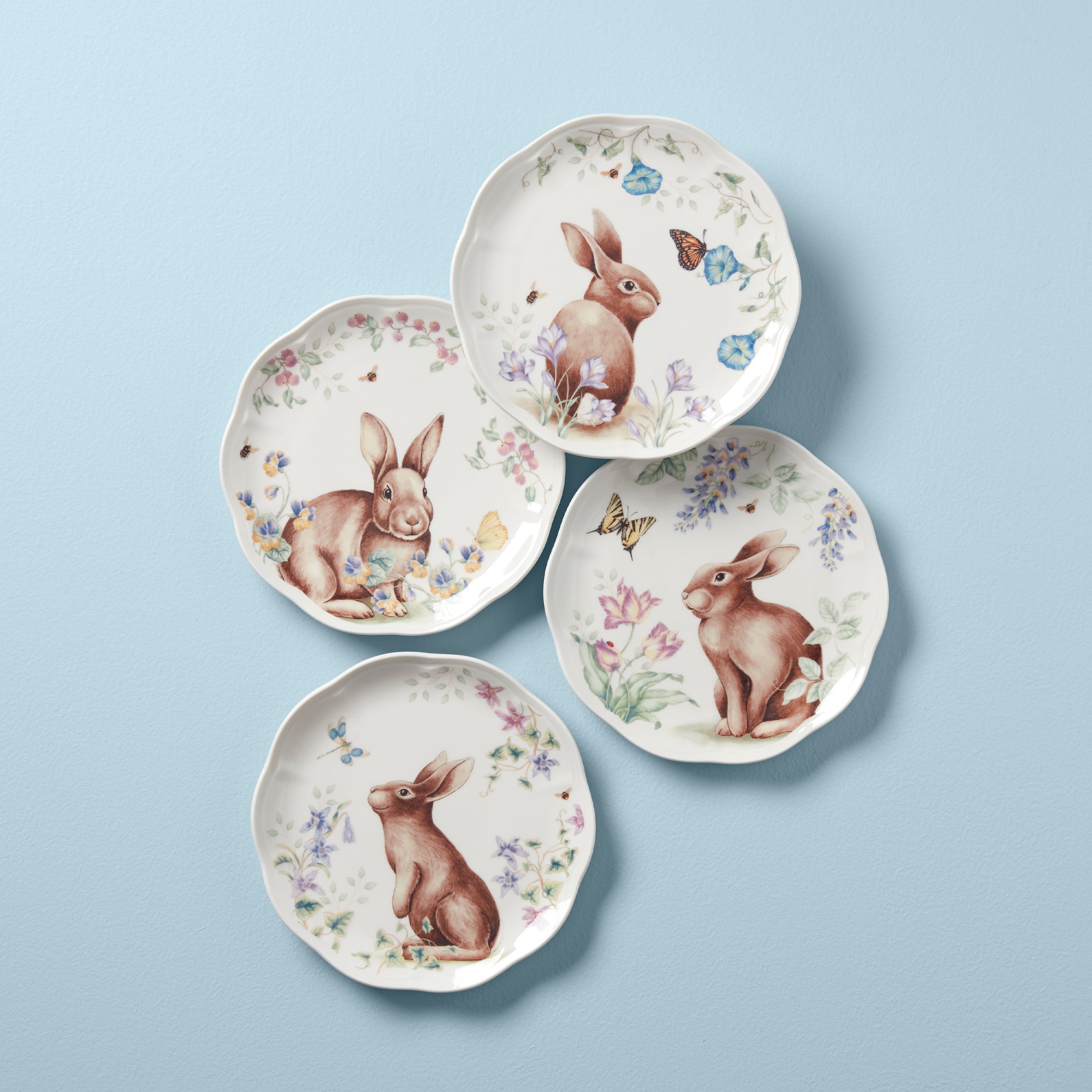 Butterfly Meadow Bunny Porcelain Plates - Set of 4 | Floral Accent Plates