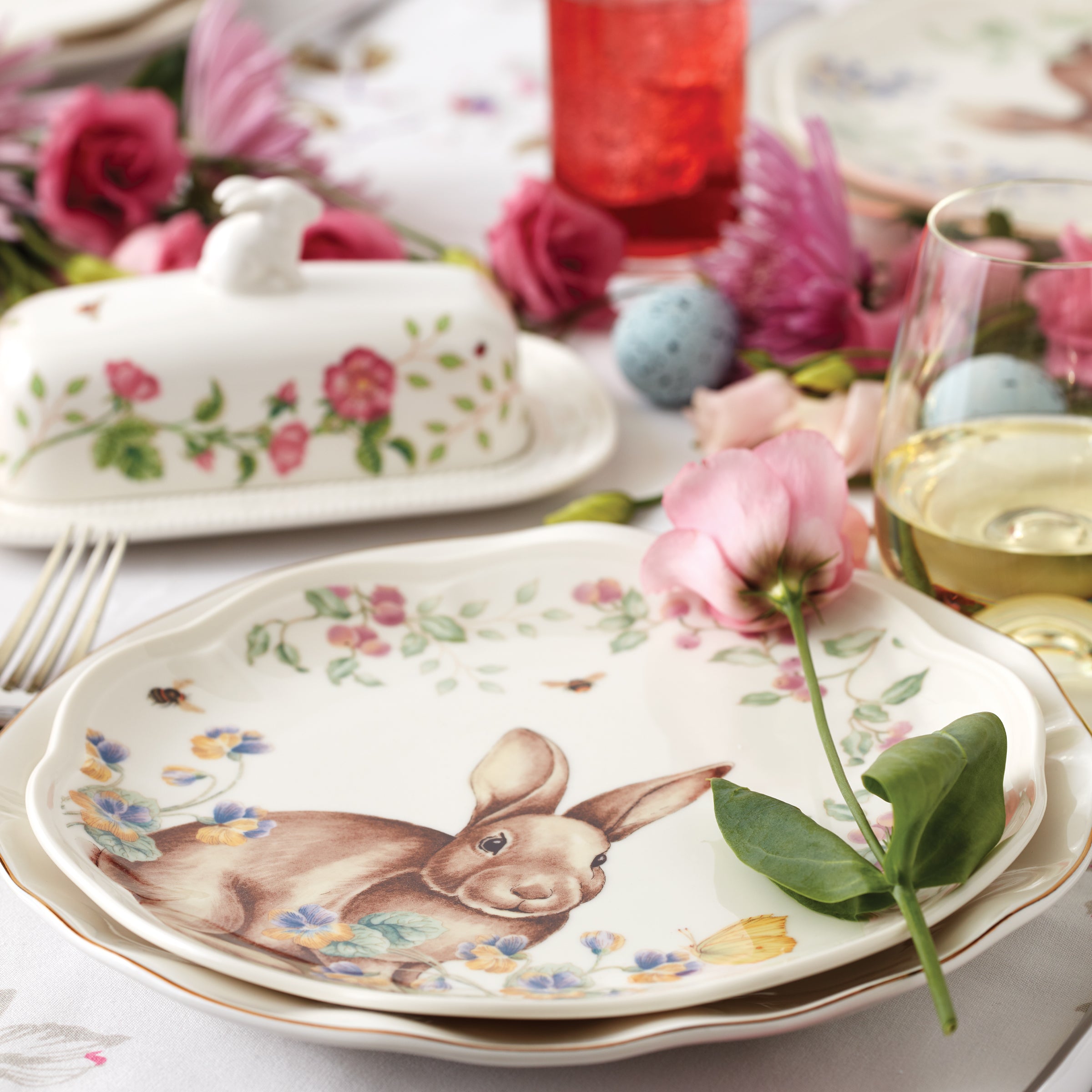 Butterfly Meadow Bunny Porcelain Plates - Set of 4 | Floral Accent Plates