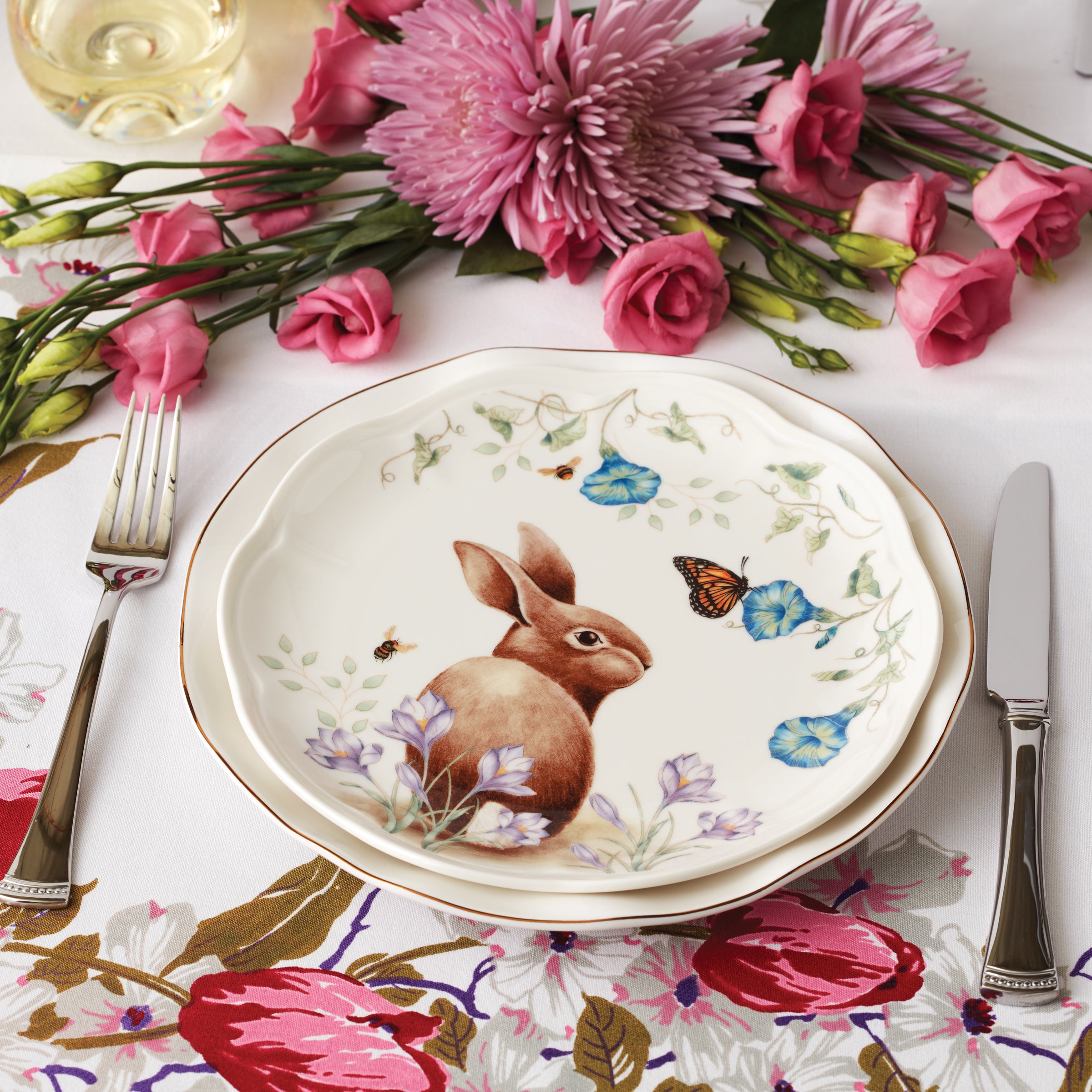 Butterfly Meadow Bunny Porcelain Plates - Set of 4 | Floral Accent Plates