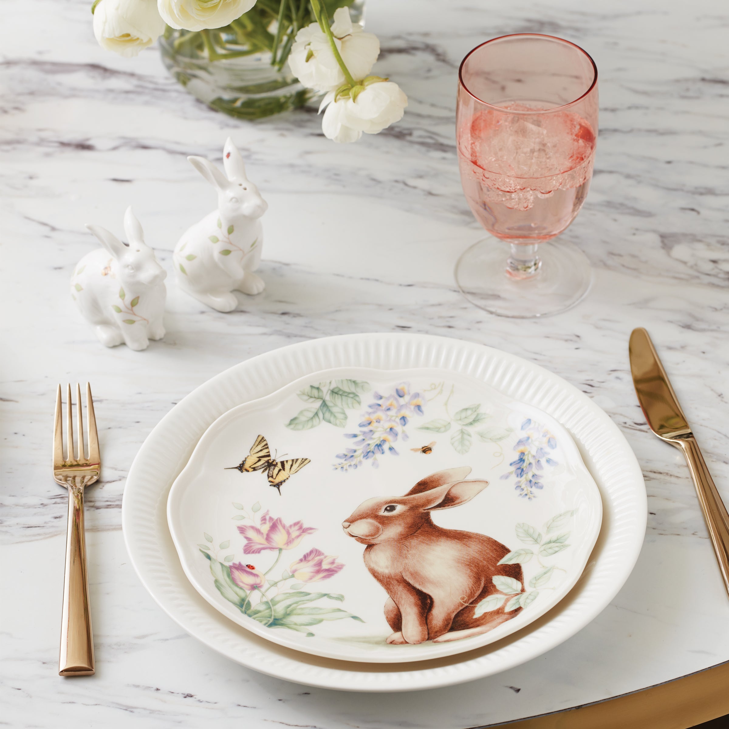 Butterfly Meadow Bunny Porcelain Plates - Set of 4 | Floral Accent Plates