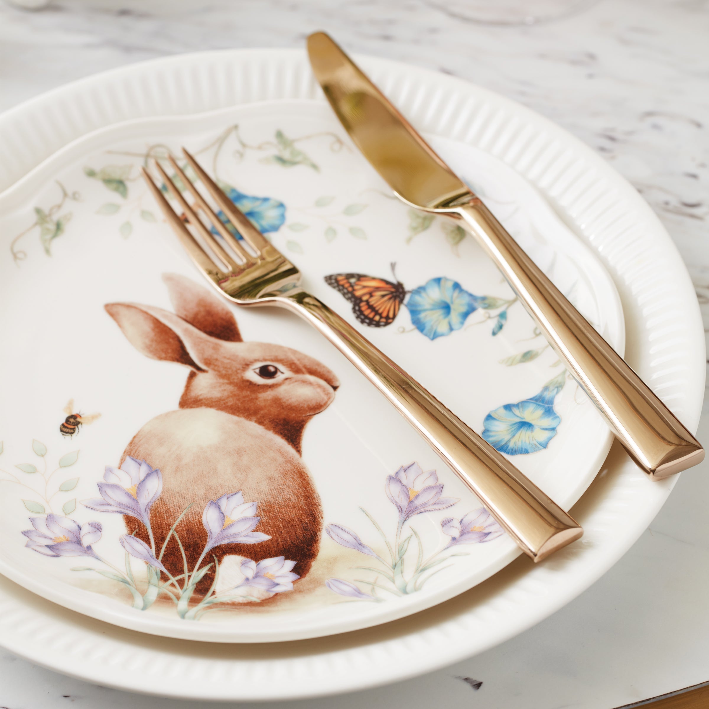 Butterfly Meadow Bunny Porcelain Plates - Set of 4 | Floral Accent Plates