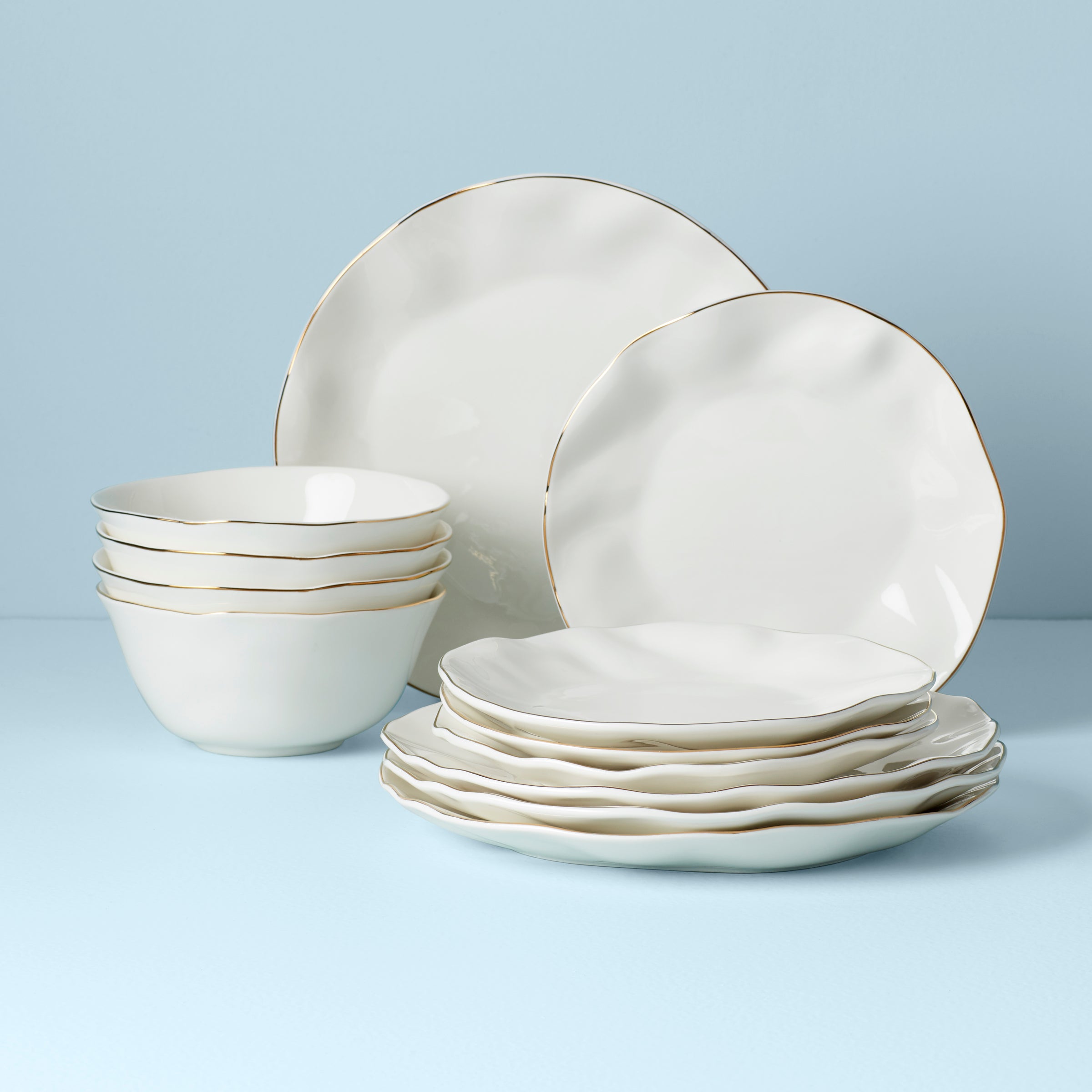 White 12-Piece Dinnerware Set with Gold Rim | Blue Bay