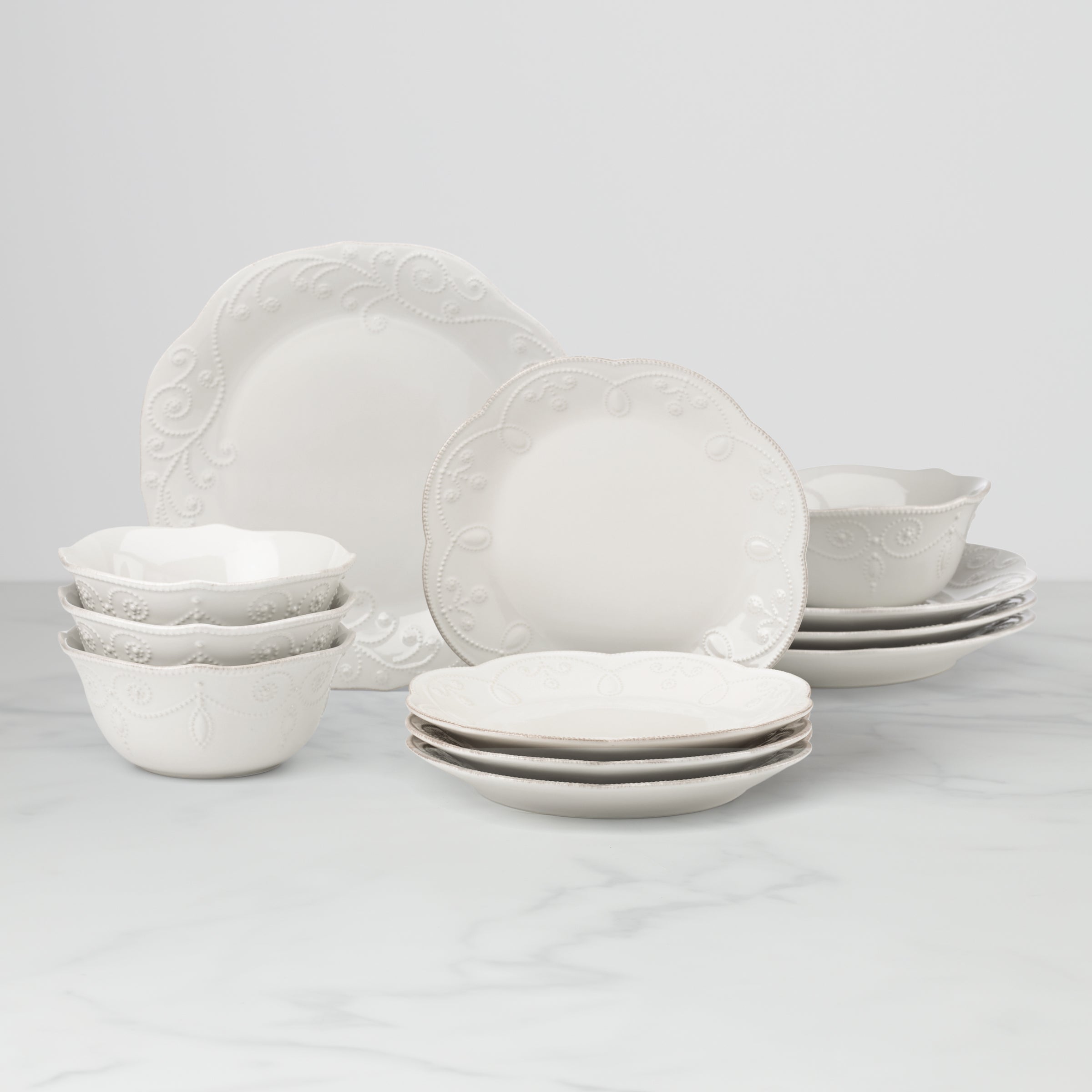 White Ceramic Dinnerware Set with Scalloped Border | French Perle