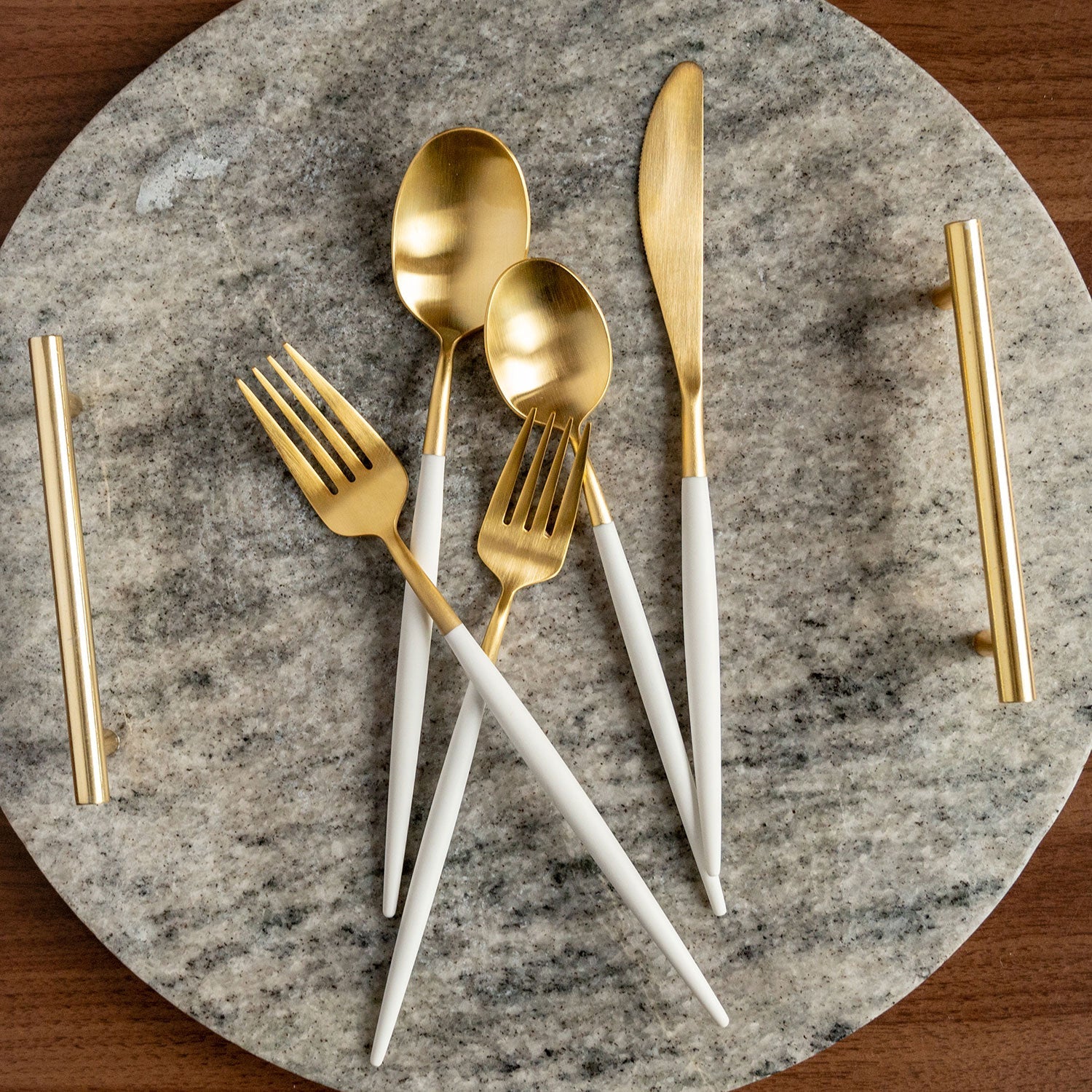 Gold Satin Flatware Set with White POM Handles | Mazzy 20-Piece