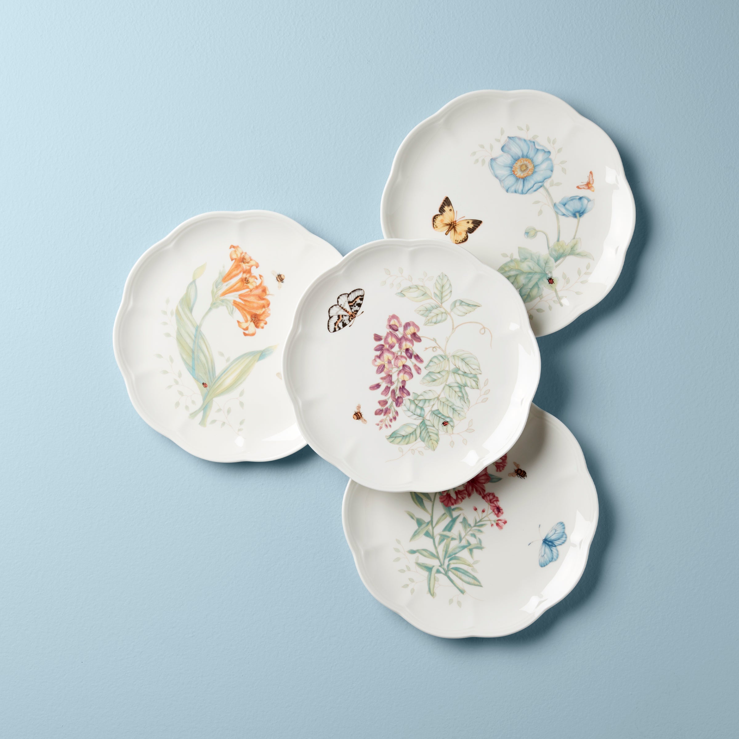 Butterfly Meadow Ceramic Accent Plates - Set of 4 | Scalloped Edge Design