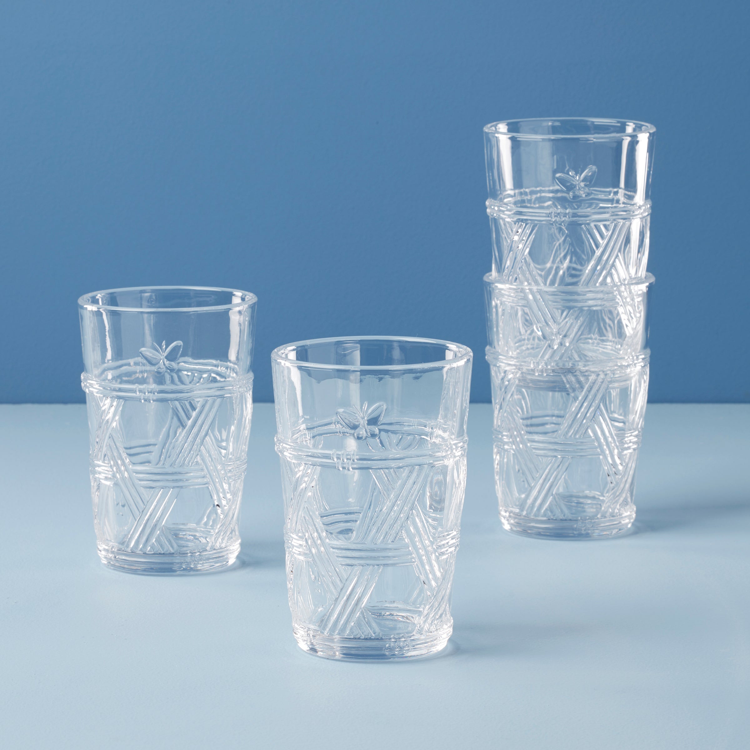 Butterfly Meadow Tall Drinking Glasses - Set of 4 | Clear Basketweave Design