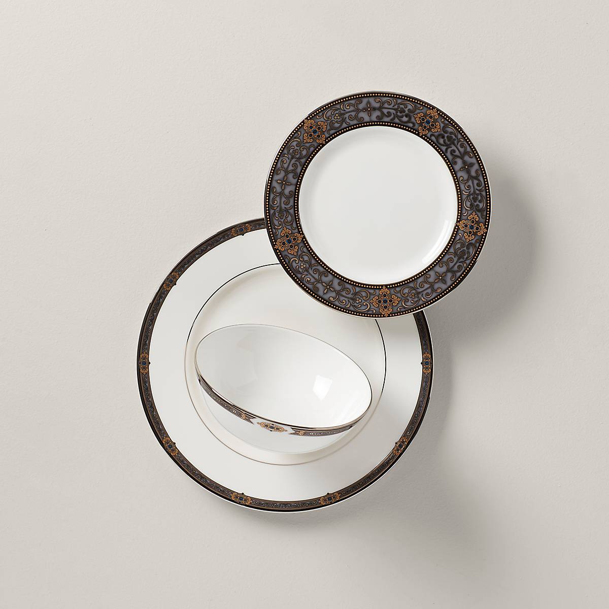 Vintage Jewel Bone China Place Setting with 24K Gold Accents | 3-Piece Set