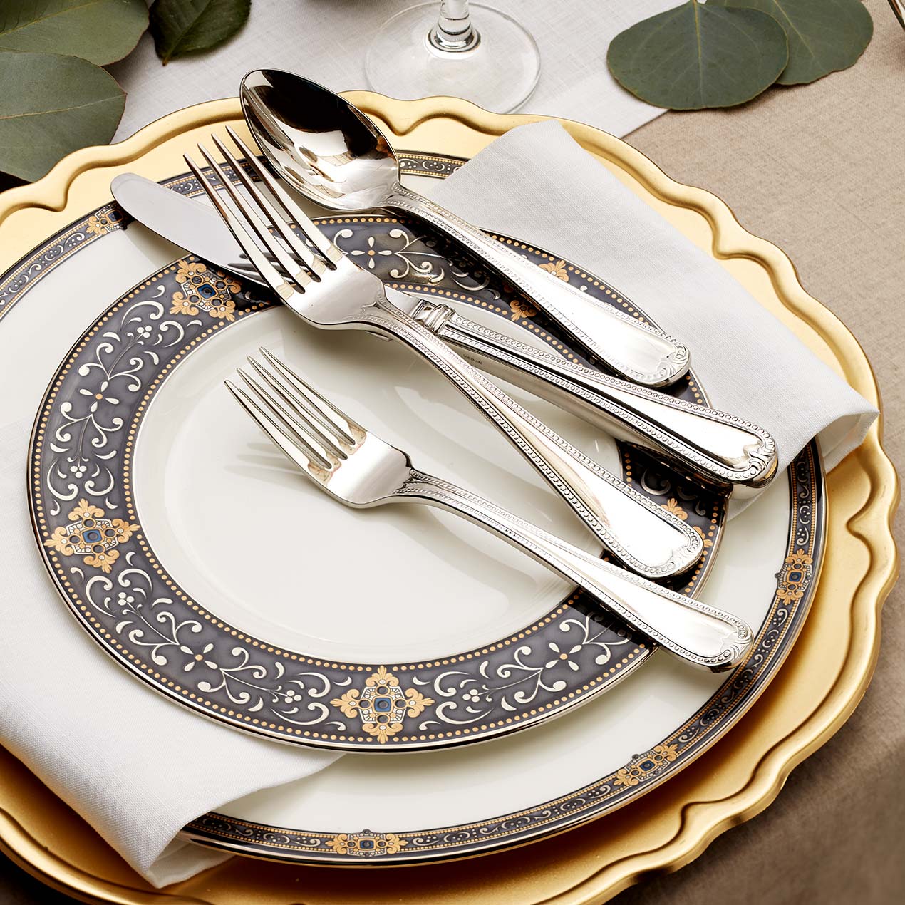Vintage Jewel Bone China Place Setting with 24K Gold Accents | 3-Piece Set