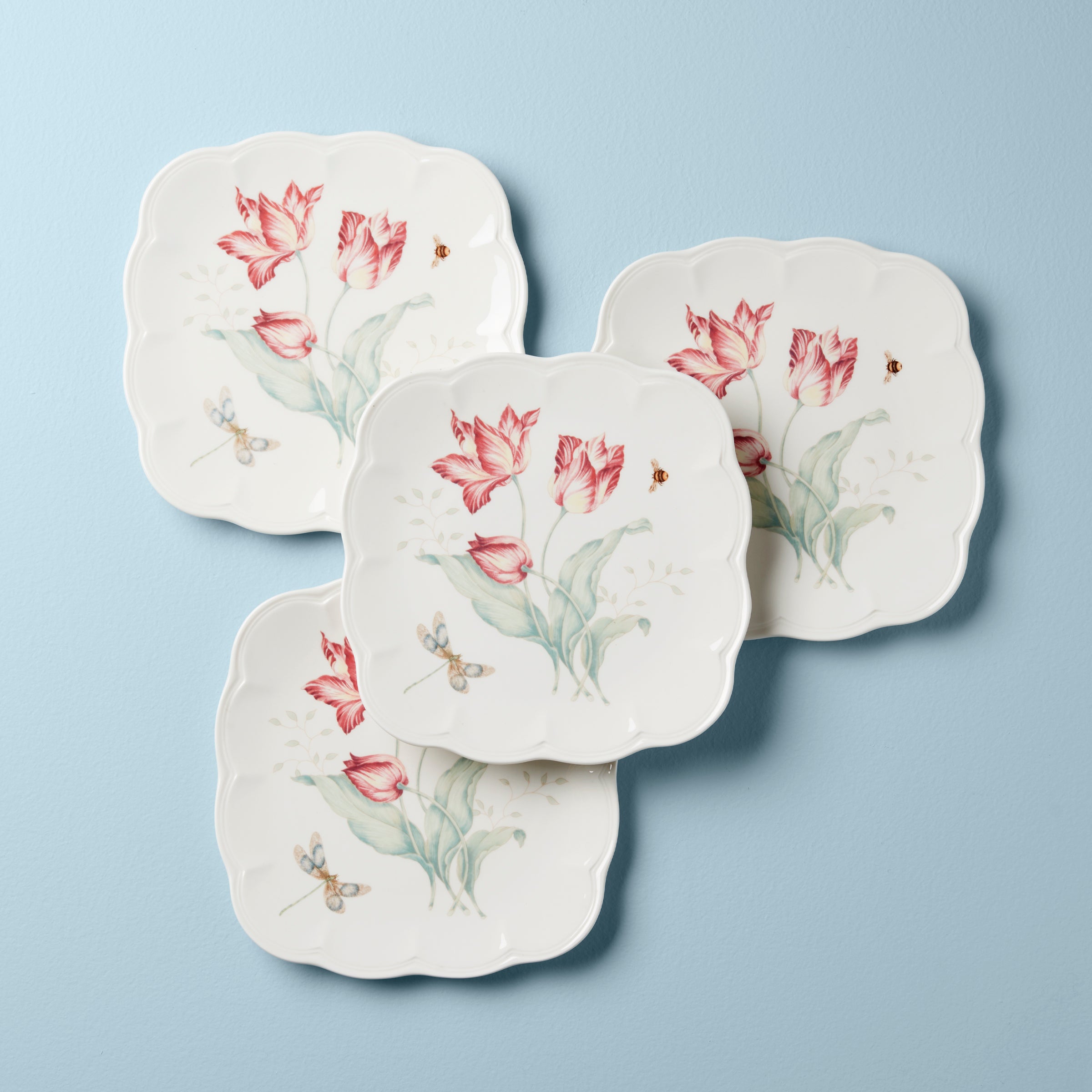Square Accent Plates with Butterfly & Floral Design - Set of 4
