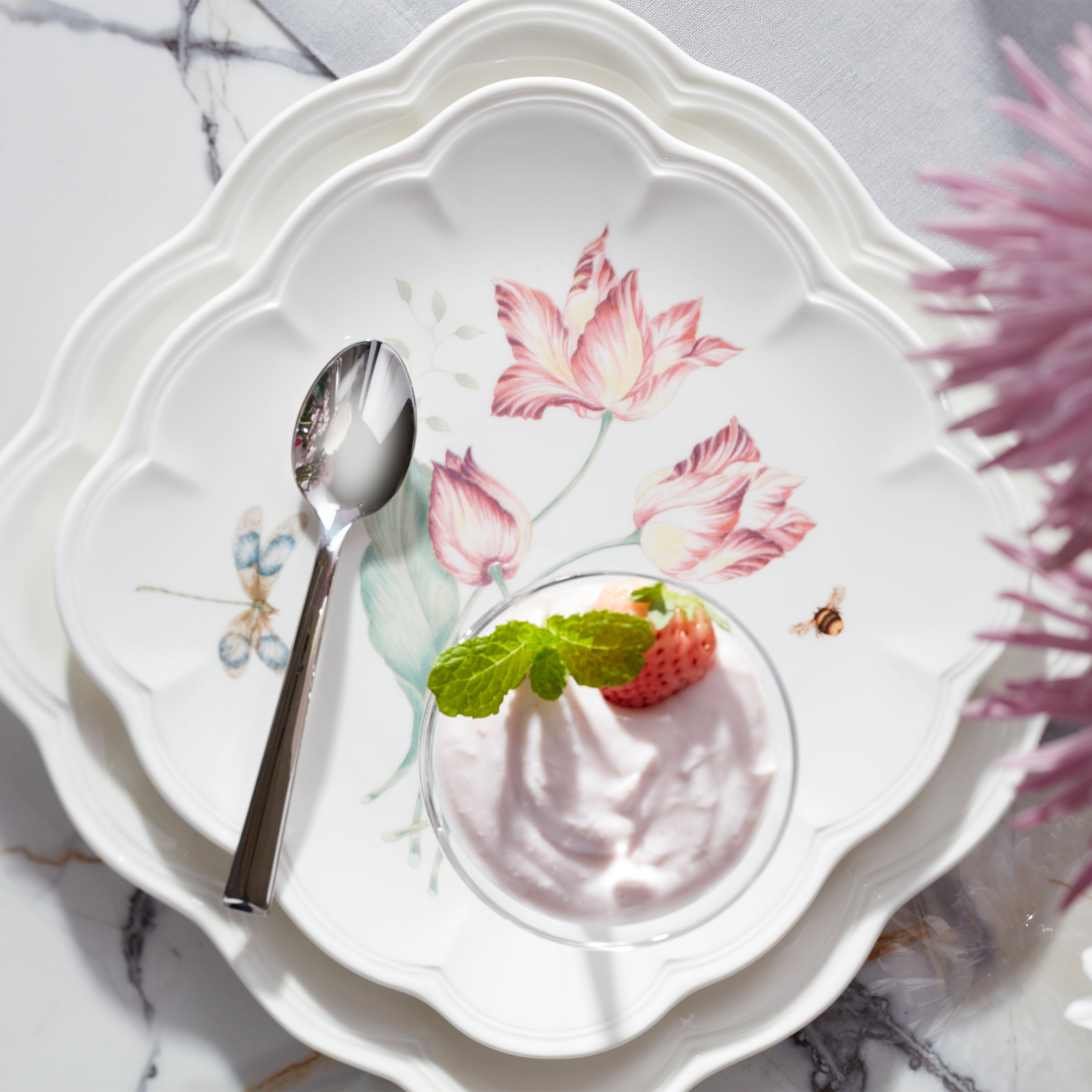 Square Accent Plates with Butterfly & Floral Design - Set of 4