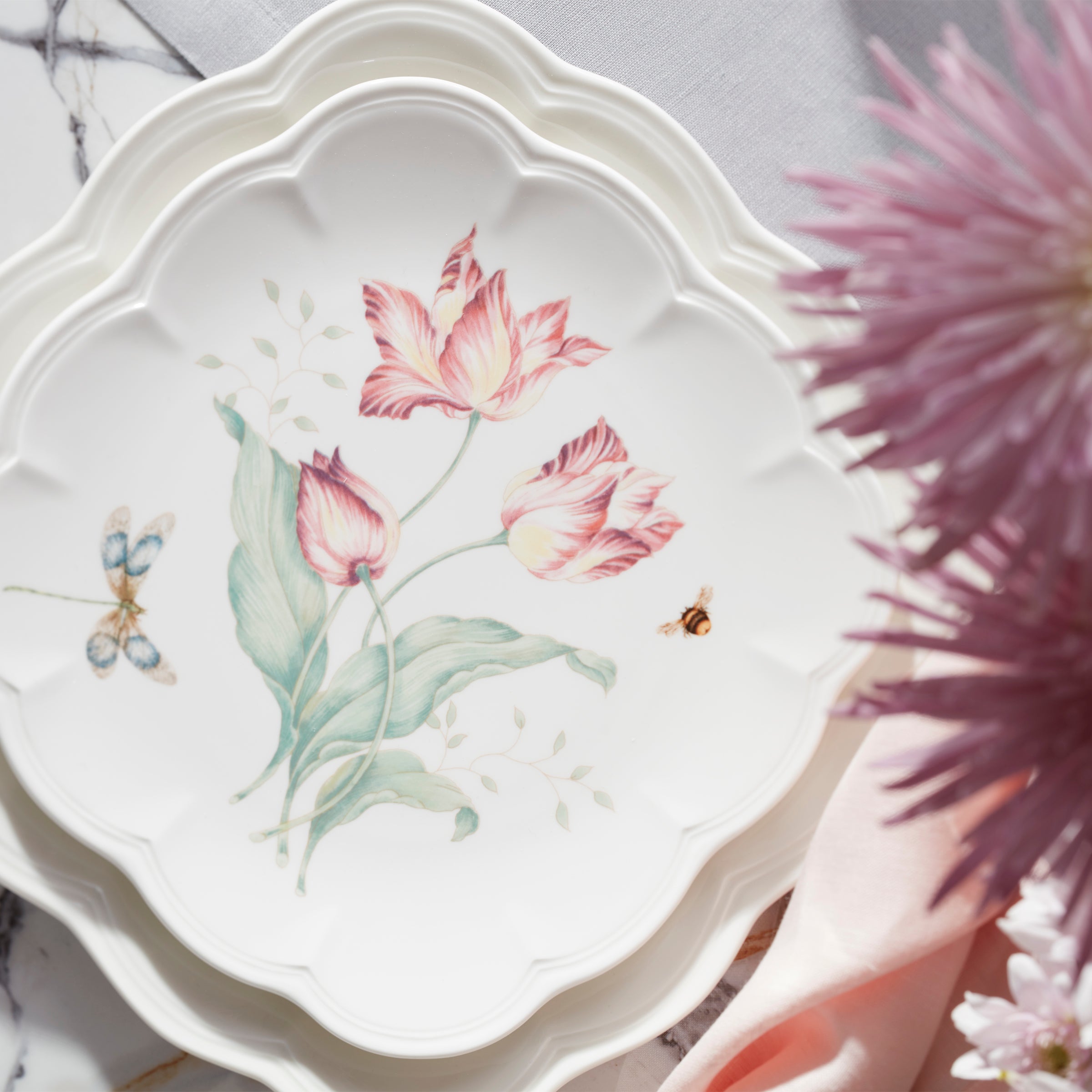 Square Accent Plates with Butterfly & Floral Design - Set of 4