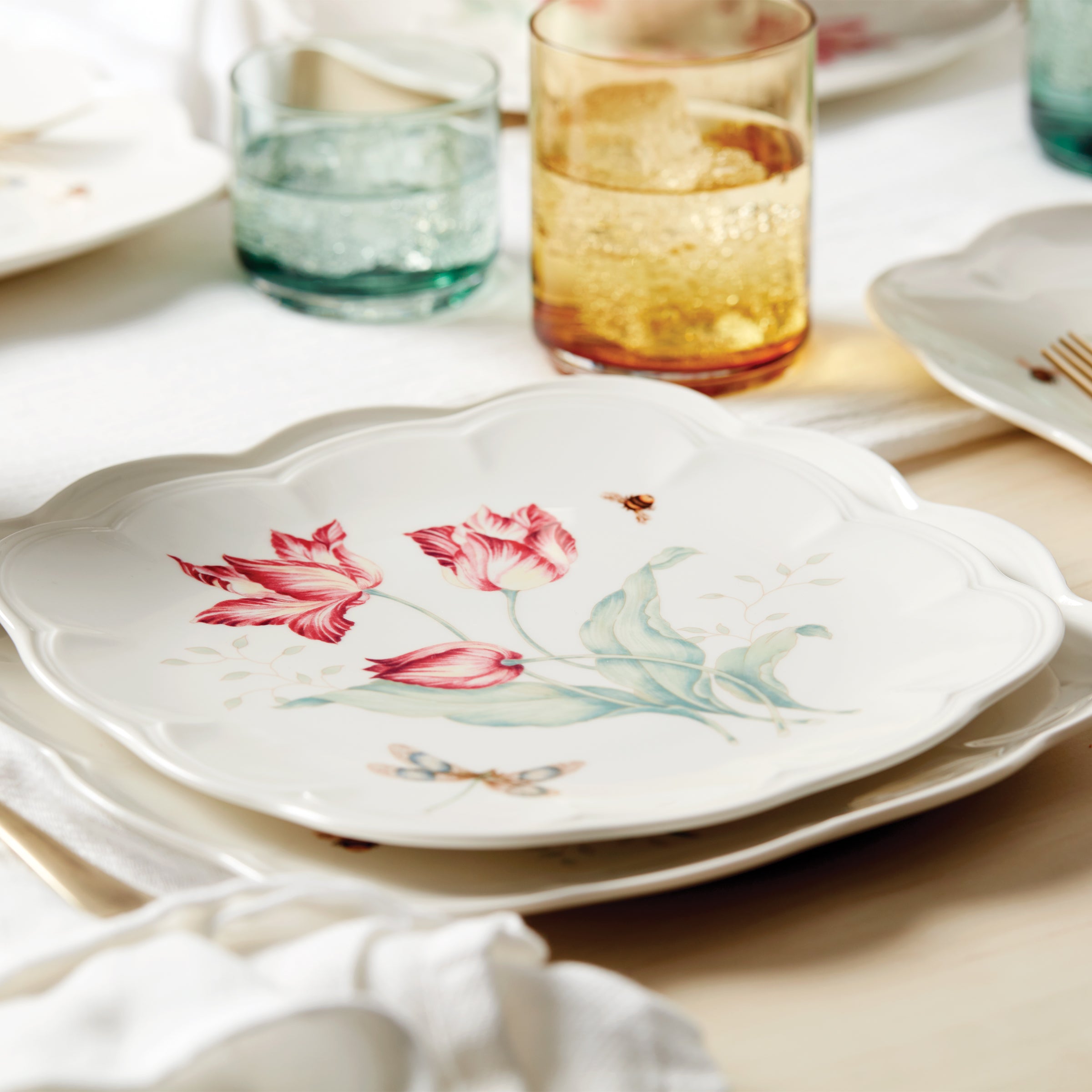 Square Accent Plates with Butterfly & Floral Design - Set of 4