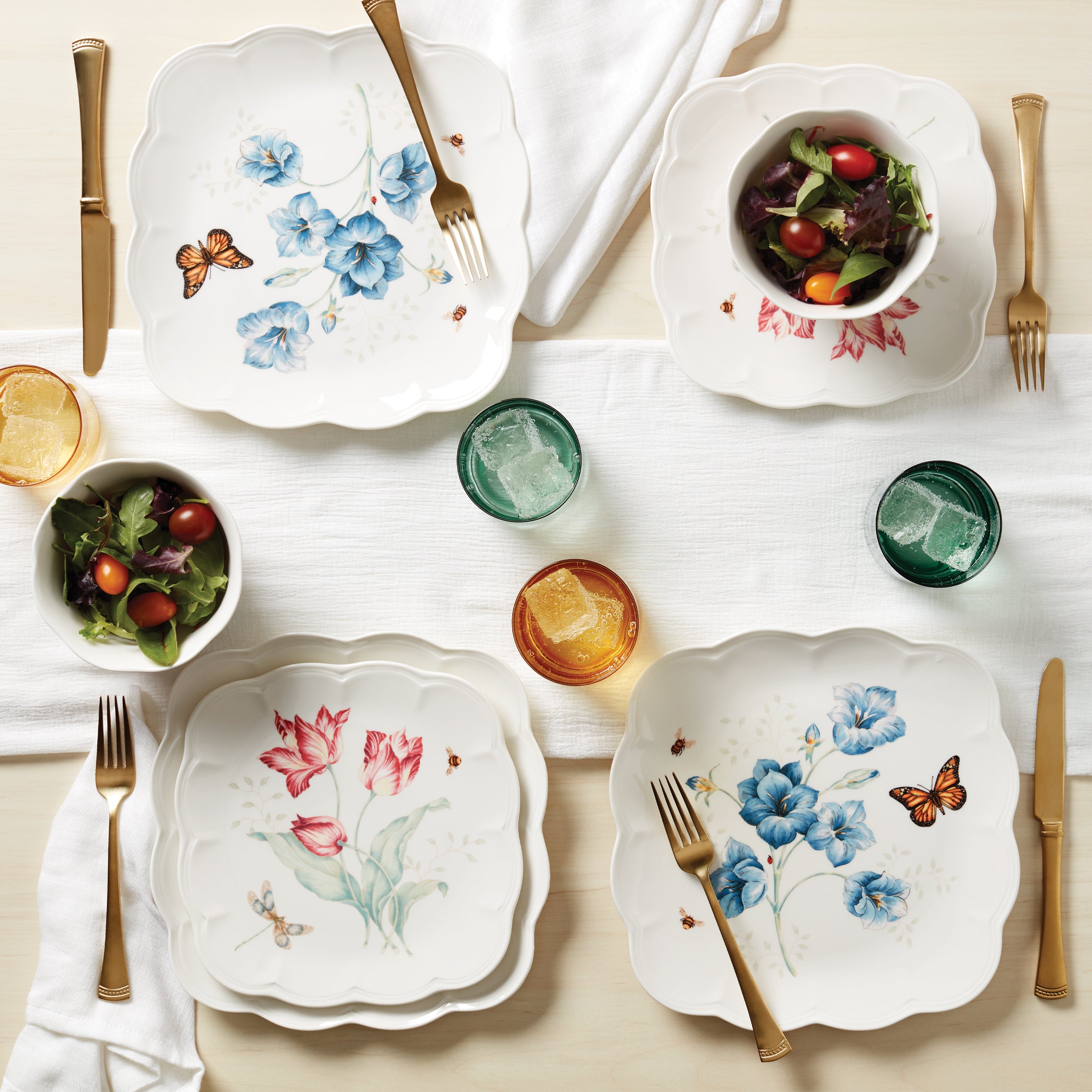 Square Accent Plates with Butterfly & Floral Design - Set of 4