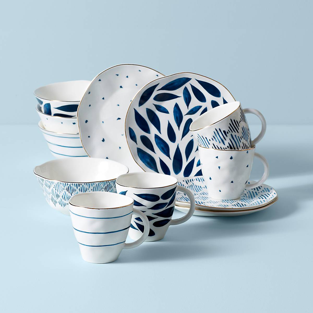 12-Piece Dessert Set with Gold Trim & Microwave-Safe | Blue Bay