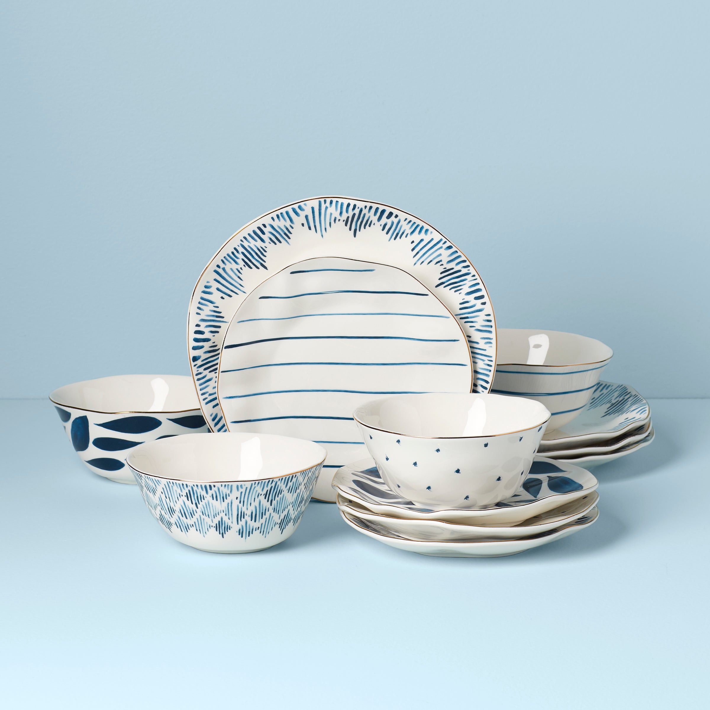 Porcelain Dinnerware Set with Gold Accents & Organic Designs | Blue Bay