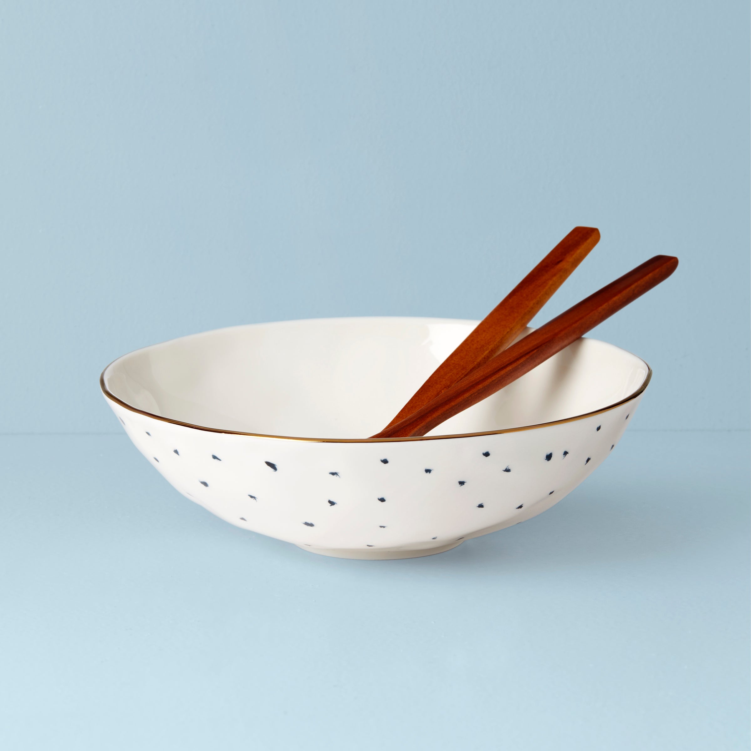 Handcrafted Salad Bowl Set with Wood Servers & Gold Accent | Blue Bay