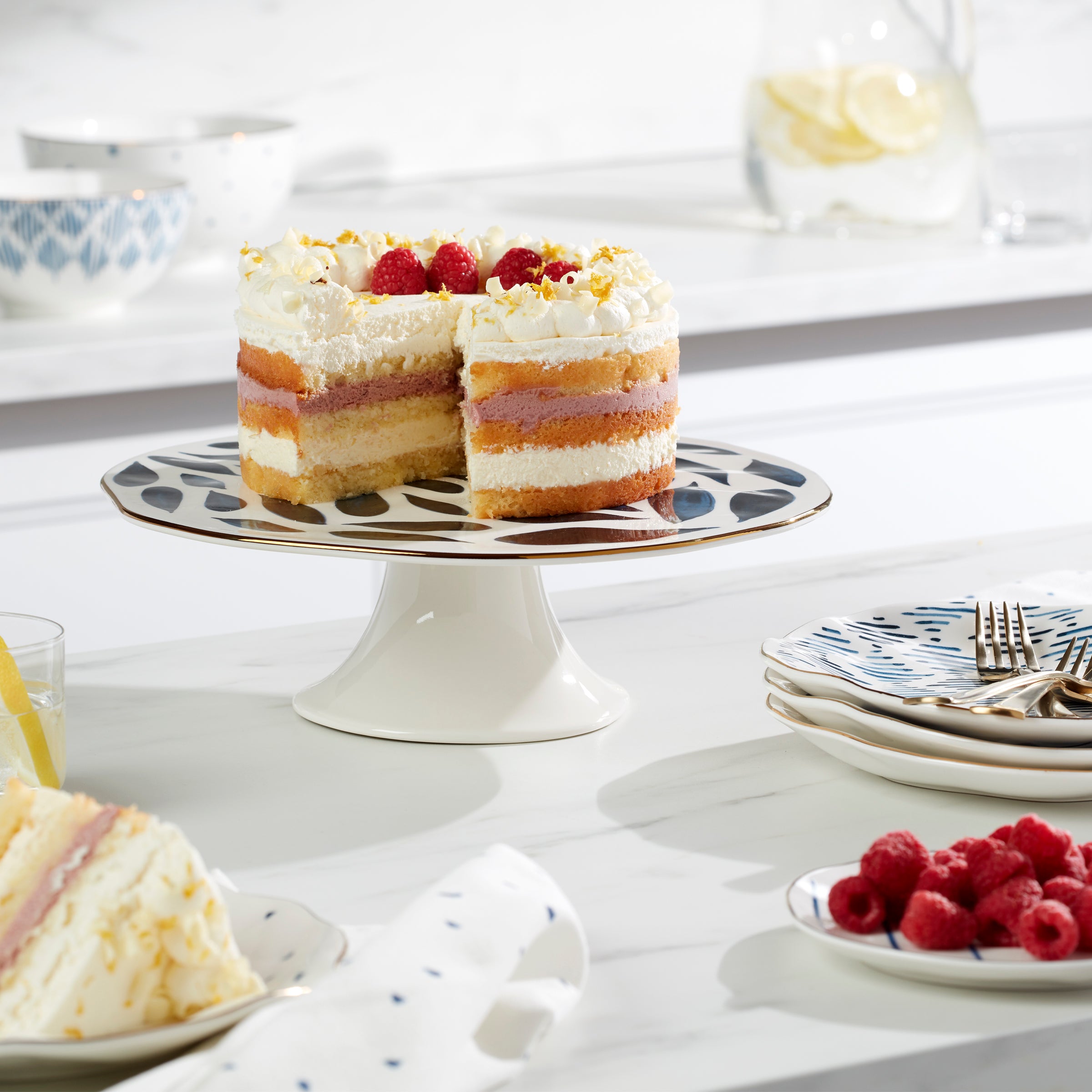 Blue Bay Cake Plate with Gold Band & Organic Texture | Unique Dessert Stand