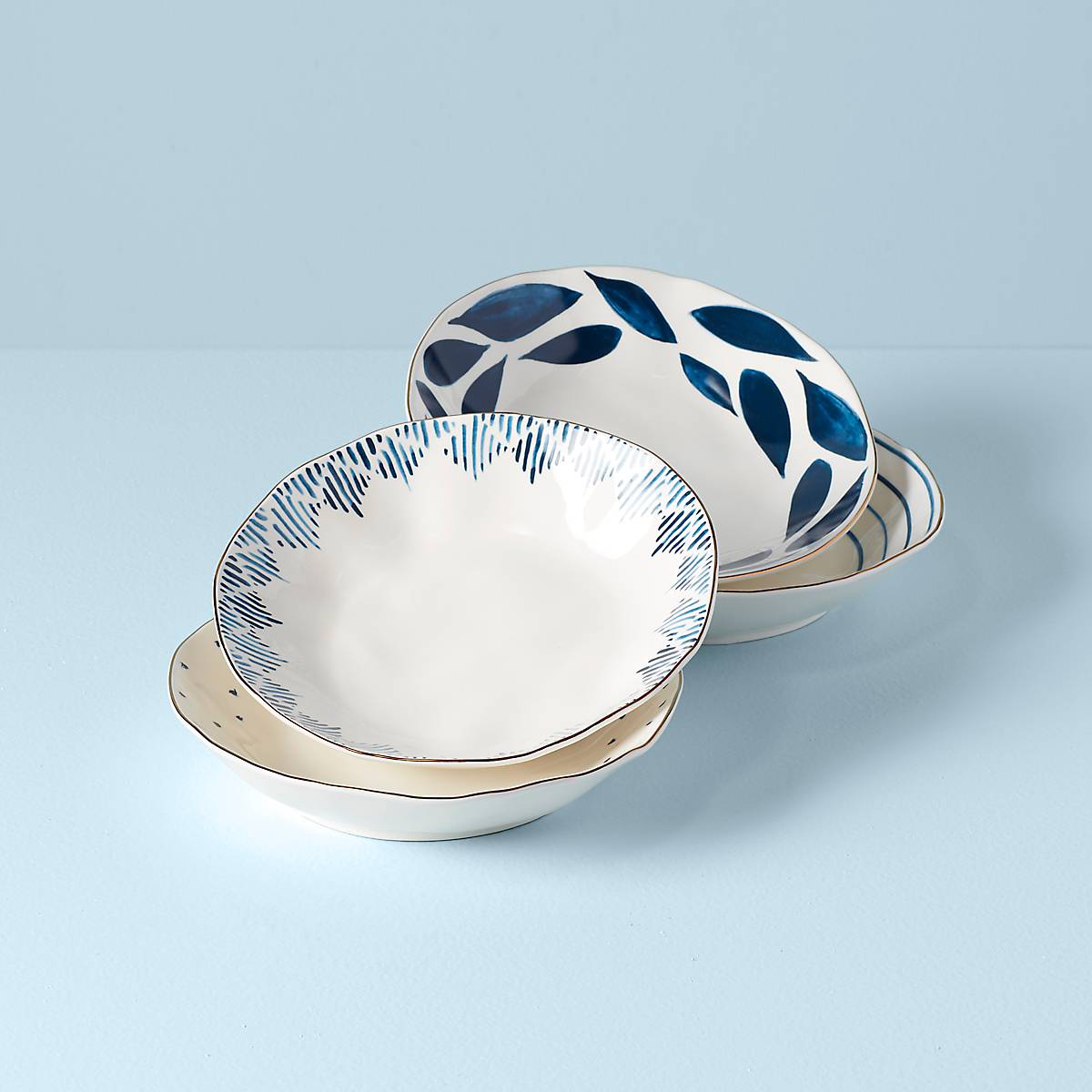 Textile-Inspired Pasta Bowls Set of 4 with Gold Banding | Blue Bay