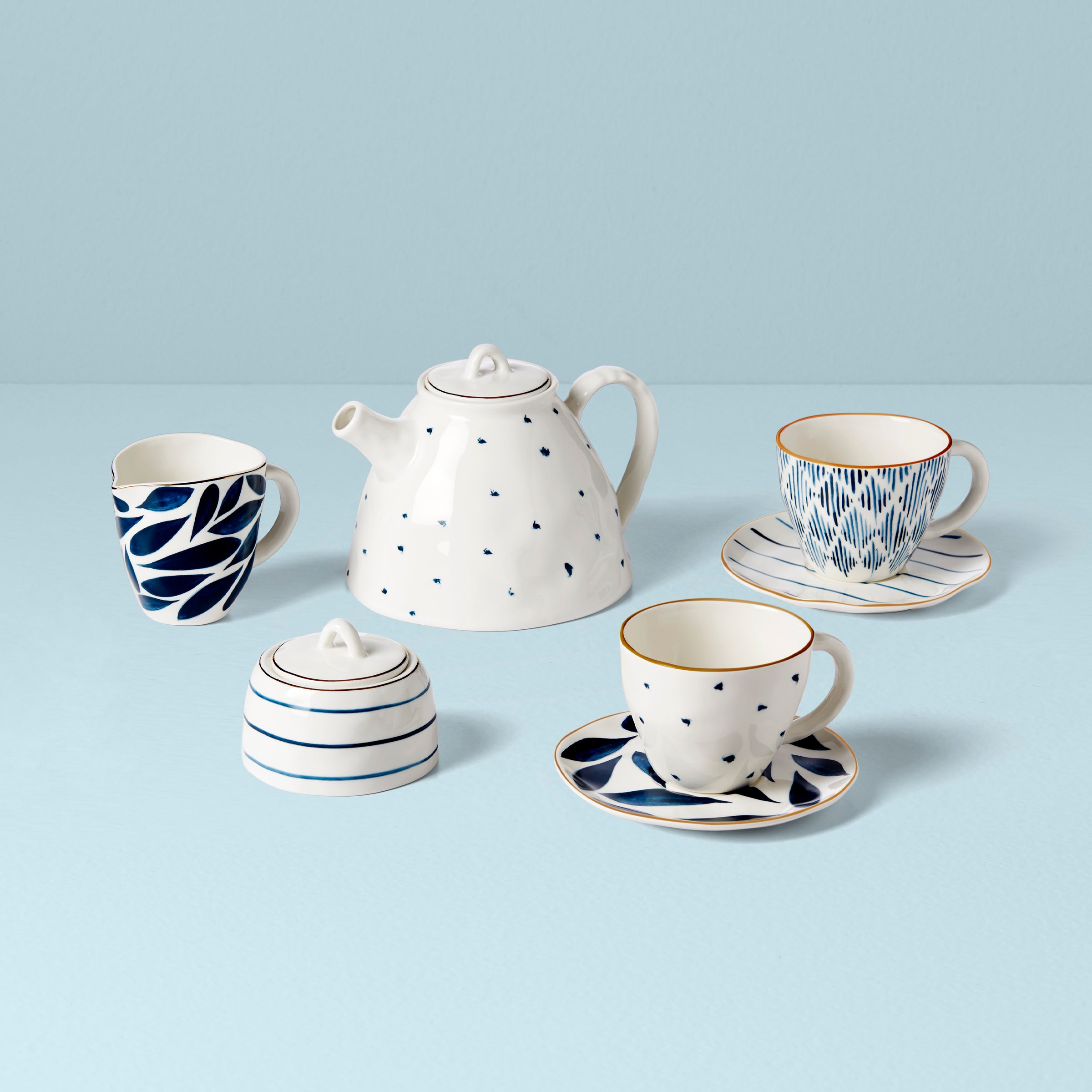 Porcelain Tea Set for Two with Gold Accents | Blue Bay Collection