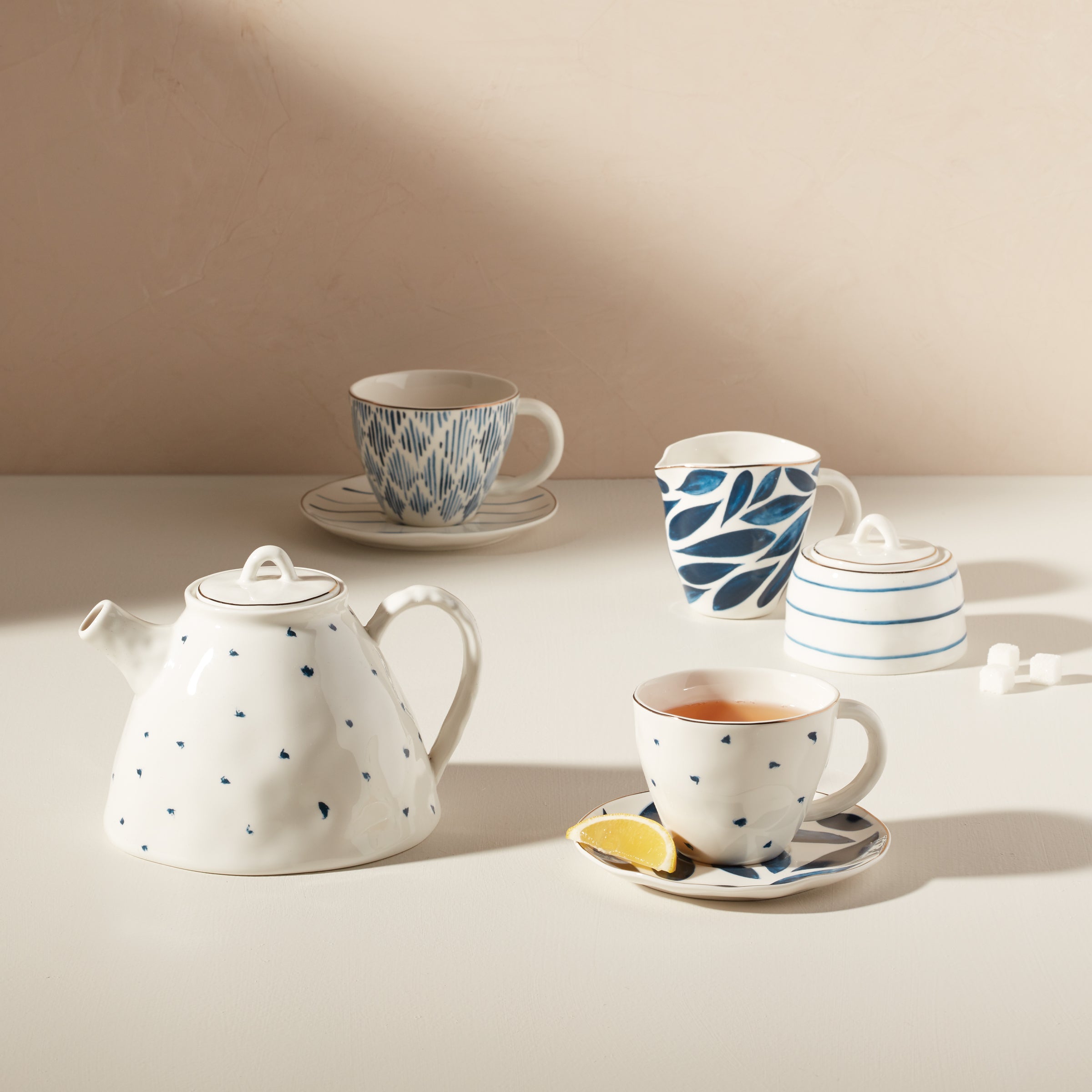 Porcelain Tea Set for Two with Gold Accents | Blue Bay Collection