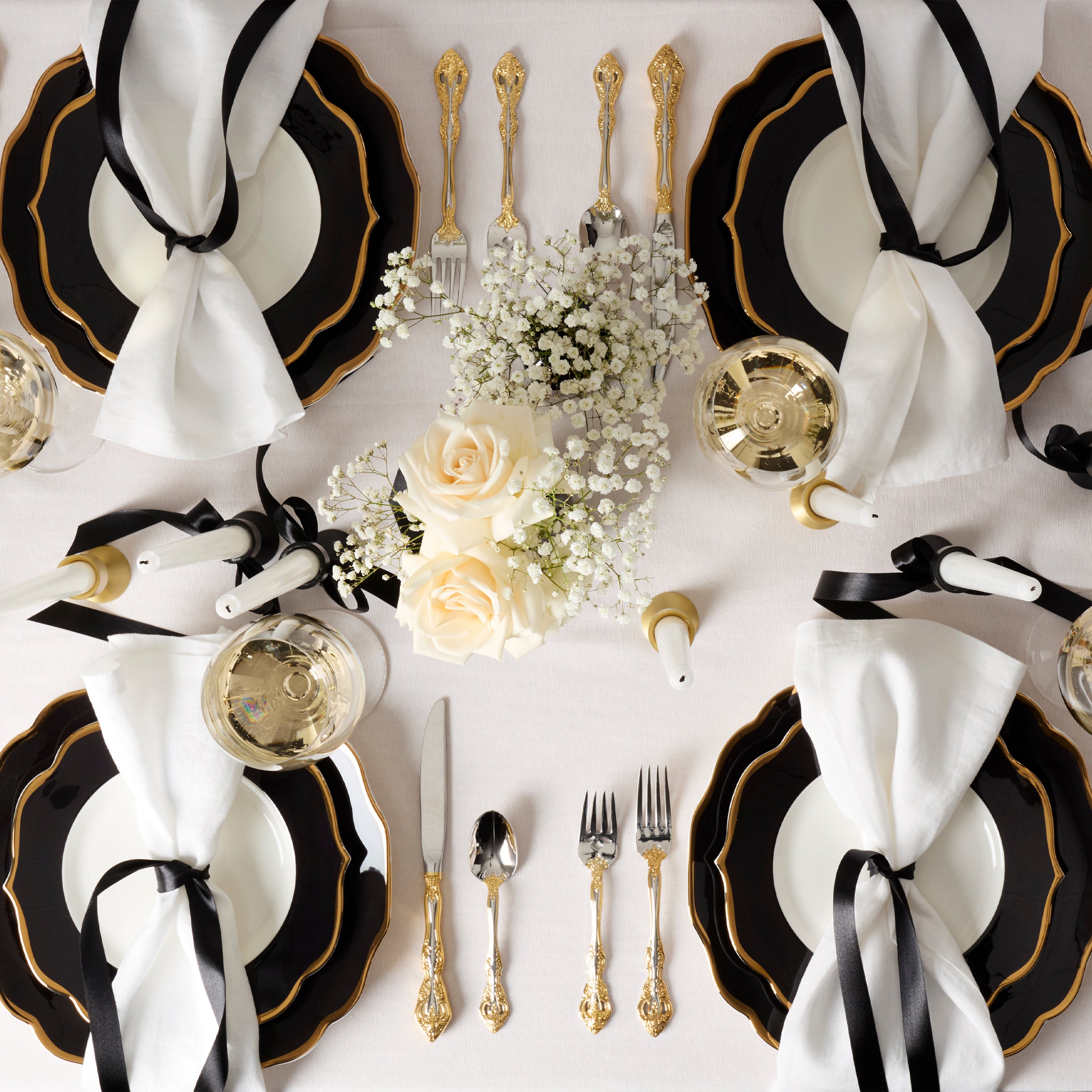 Black Porcelain Accent Plates - Set of 4 with Gold Trim | Contempo Luxe