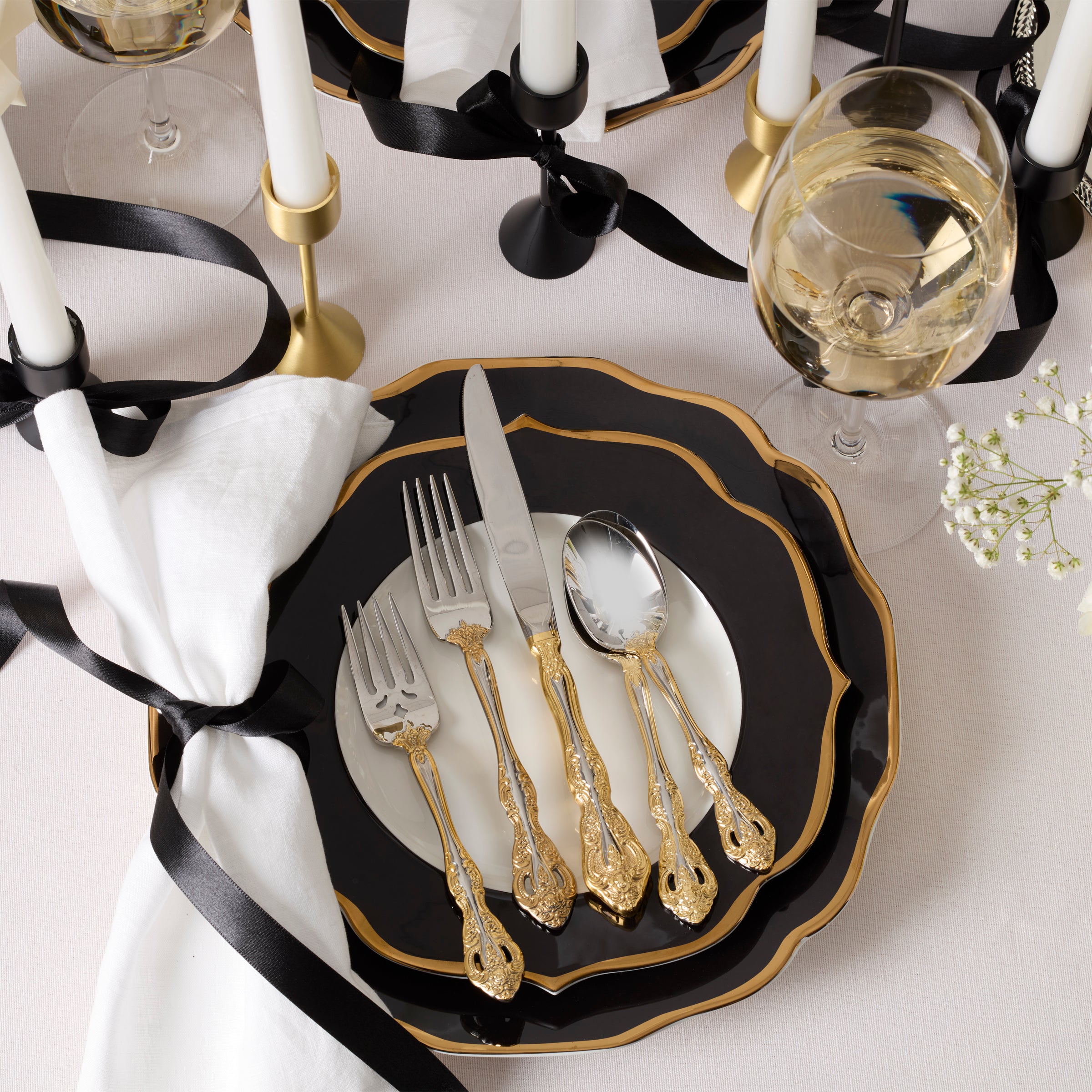 Black Porcelain Accent Plates - Set of 4 with Gold Trim | Contempo Luxe
