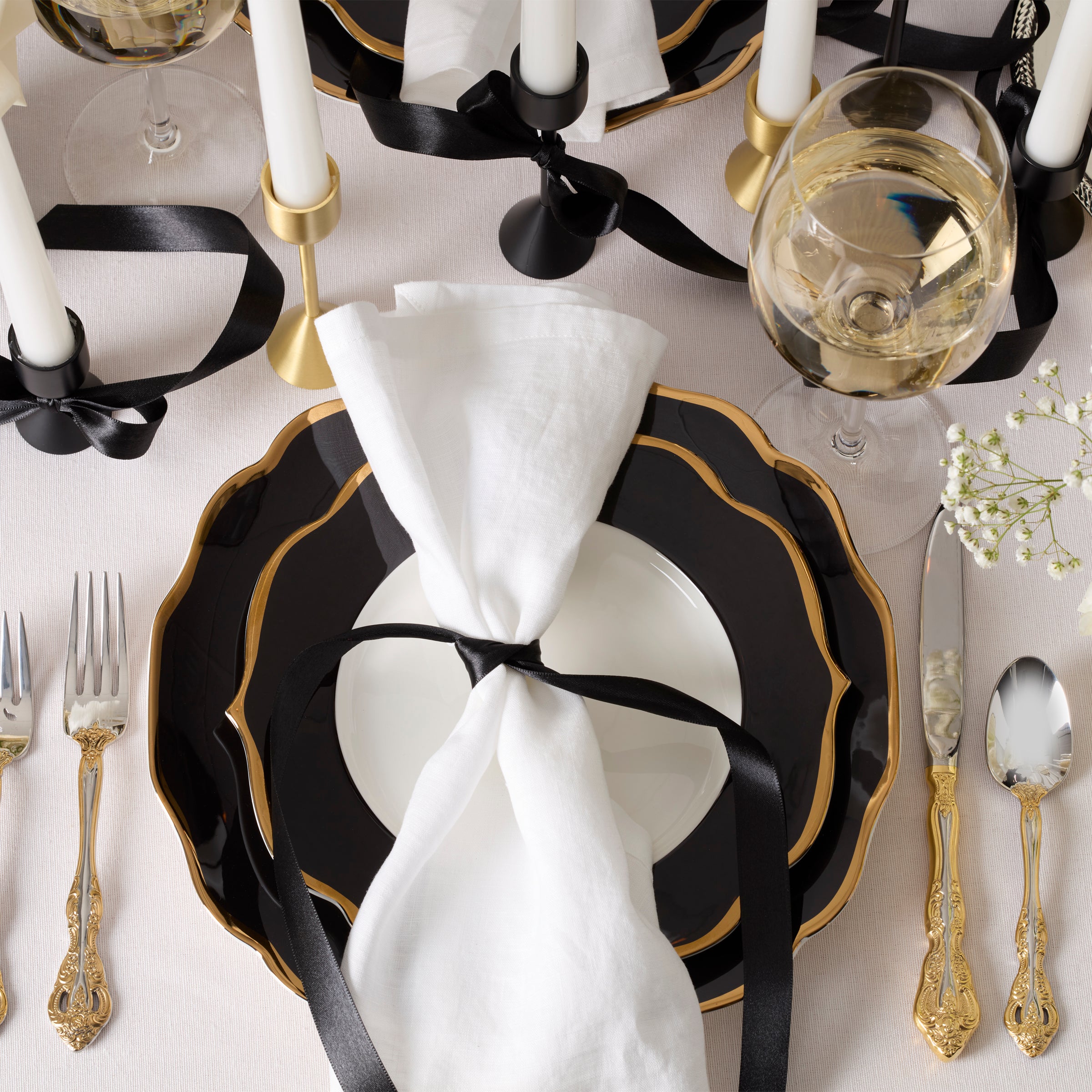 Black Porcelain Accent Plates - Set of 4 with Gold Trim | Contempo Luxe