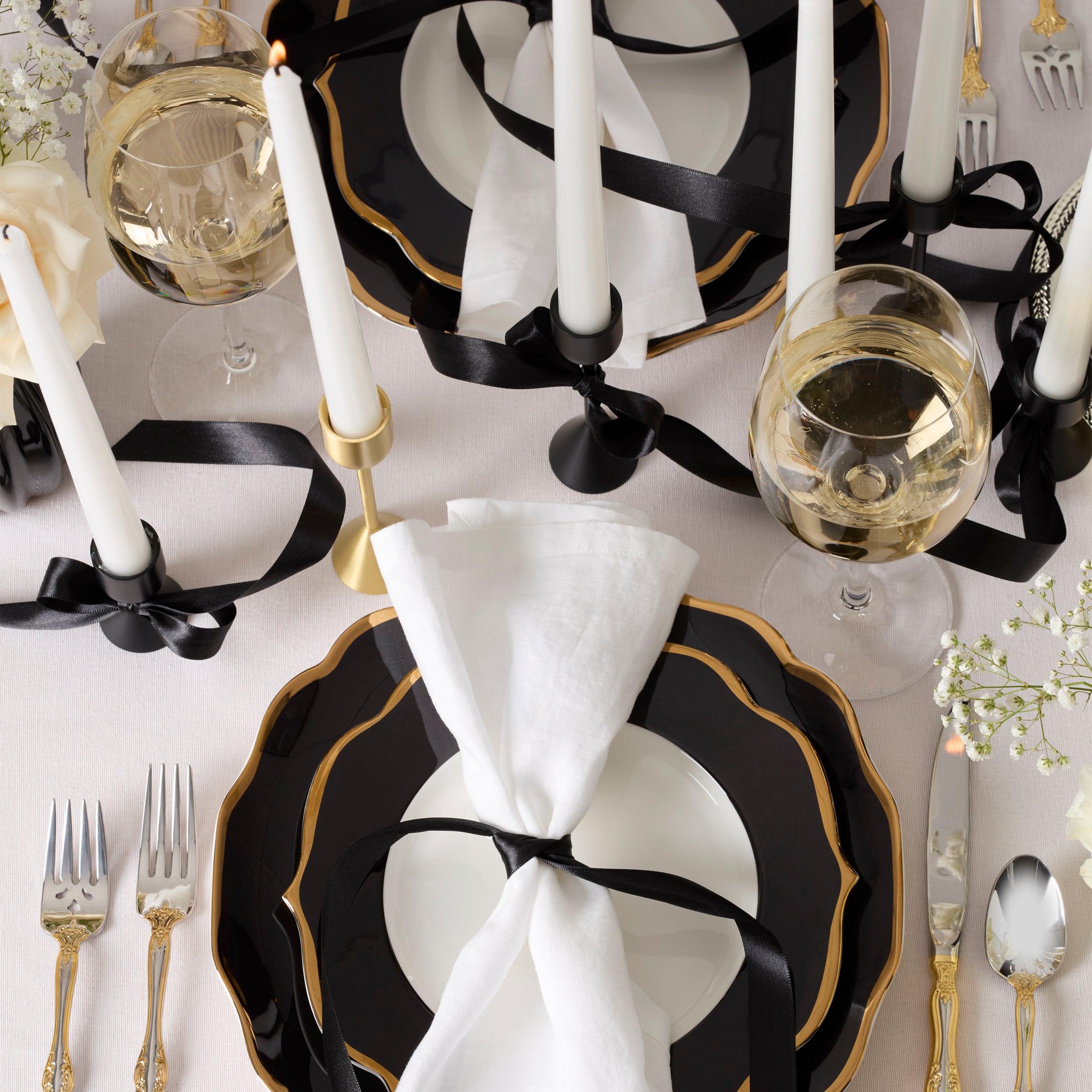 Black Porcelain Accent Plates - Set of 4 with Gold Trim | Contempo Luxe