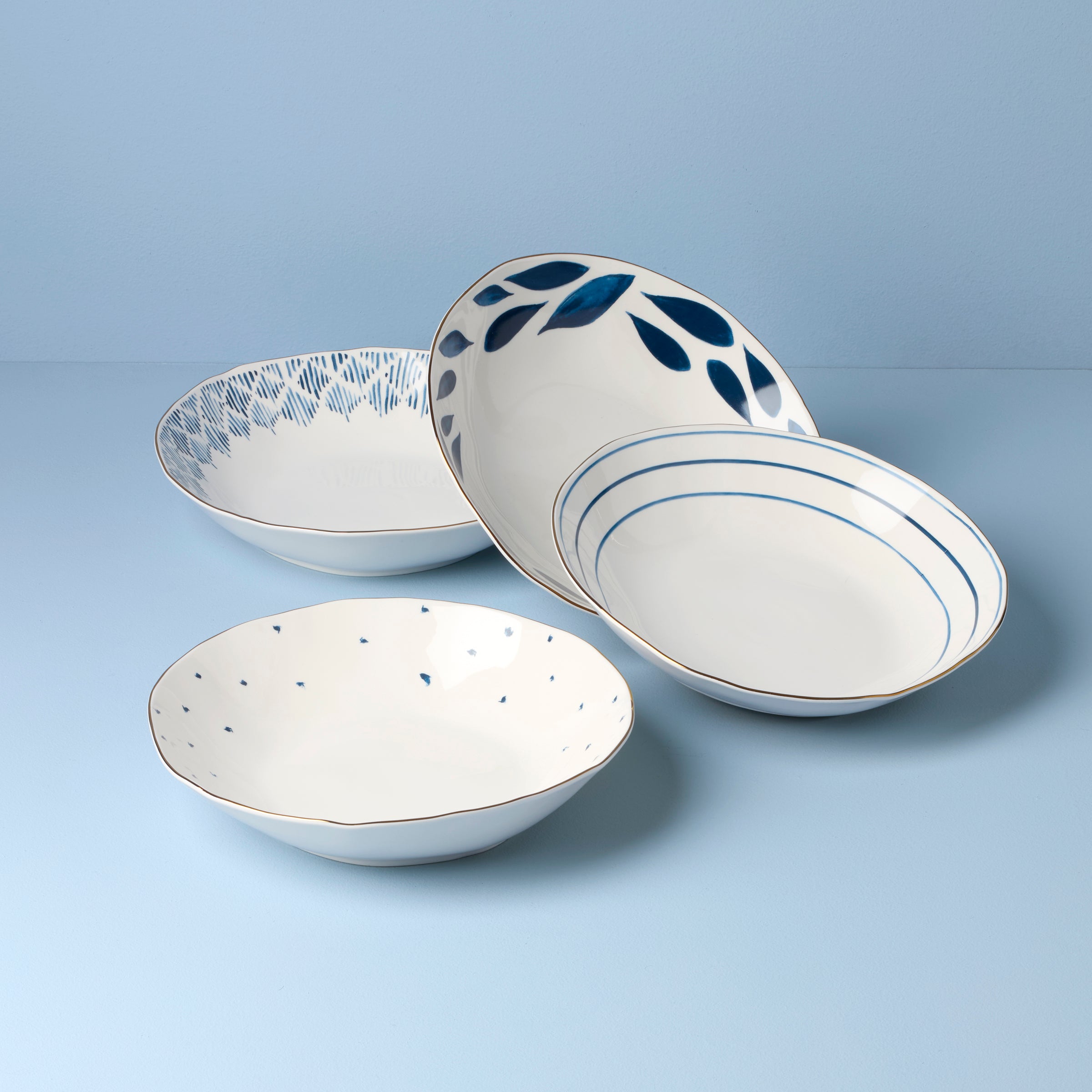 Blue Bay Dinner Bowls Set of 4 with Gold Banding | Assorted Patterns