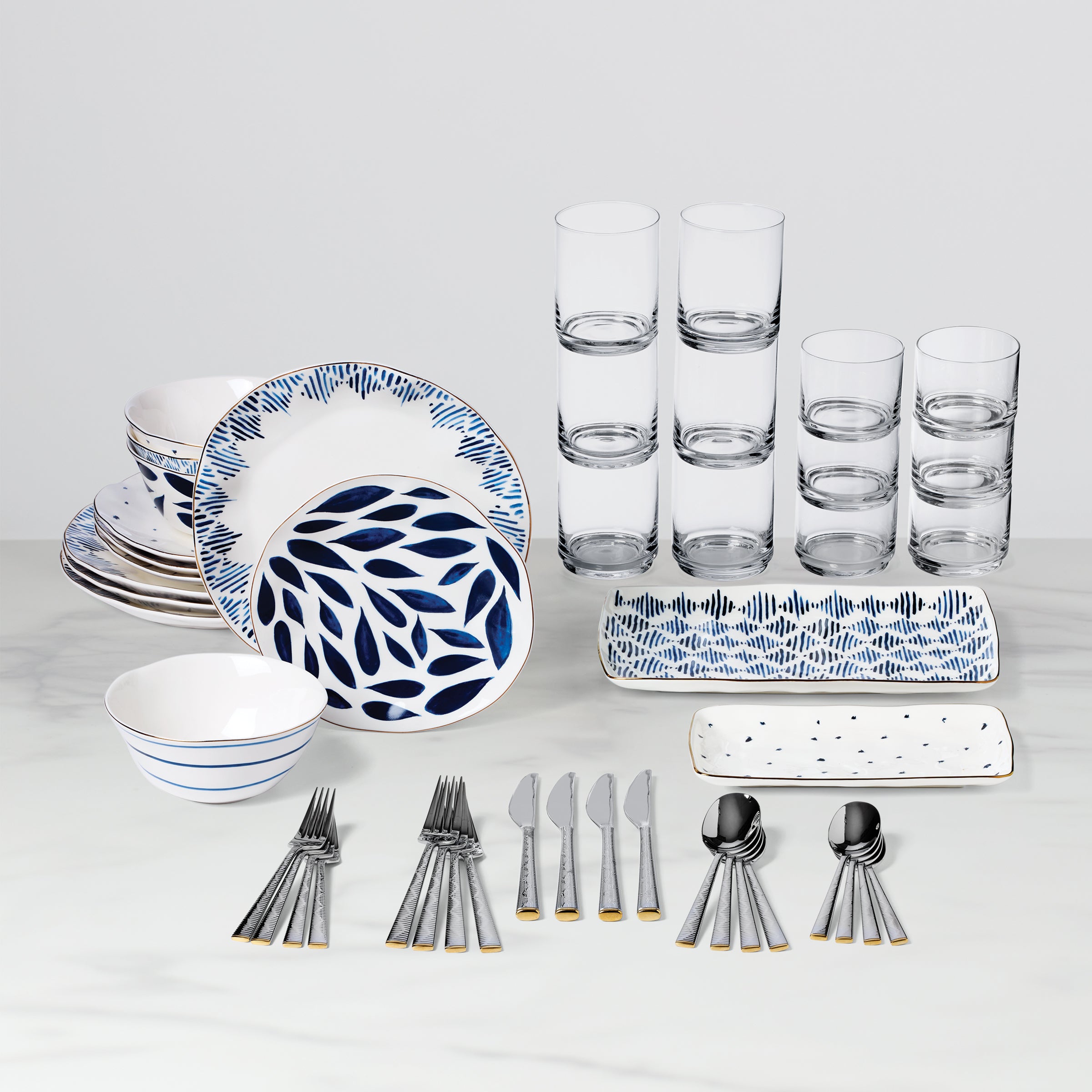 46-Piece Dinnerware Set with Gold Accents & Textile Design | Blue Bay