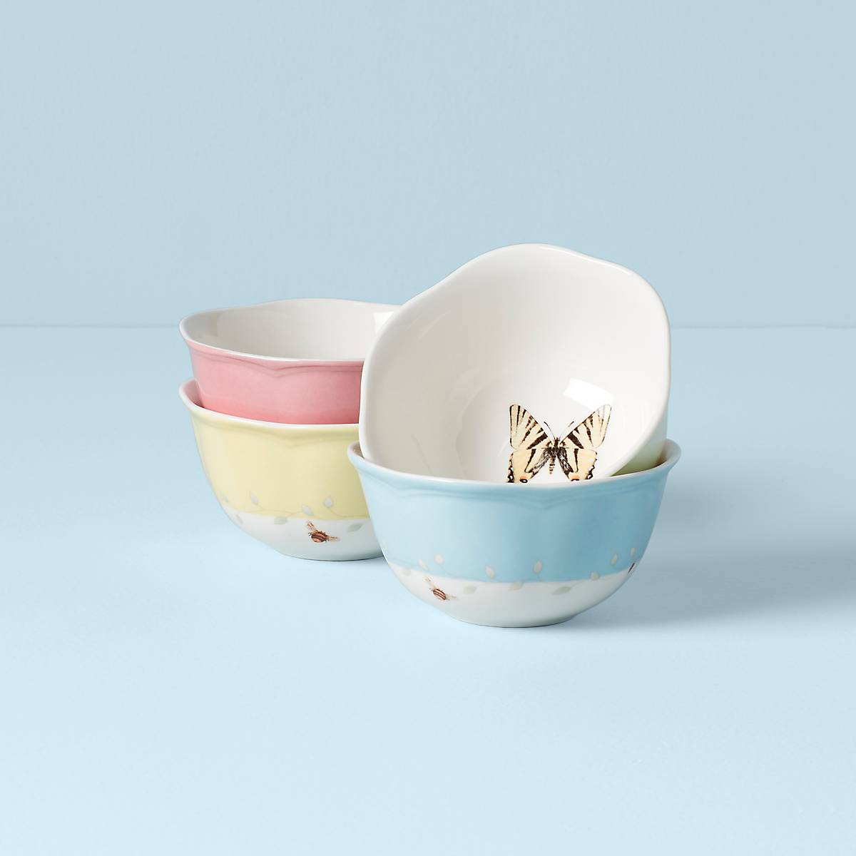 Ceramic Dessert Bowl Set with Butterfly Meadow Design | 4-Piece