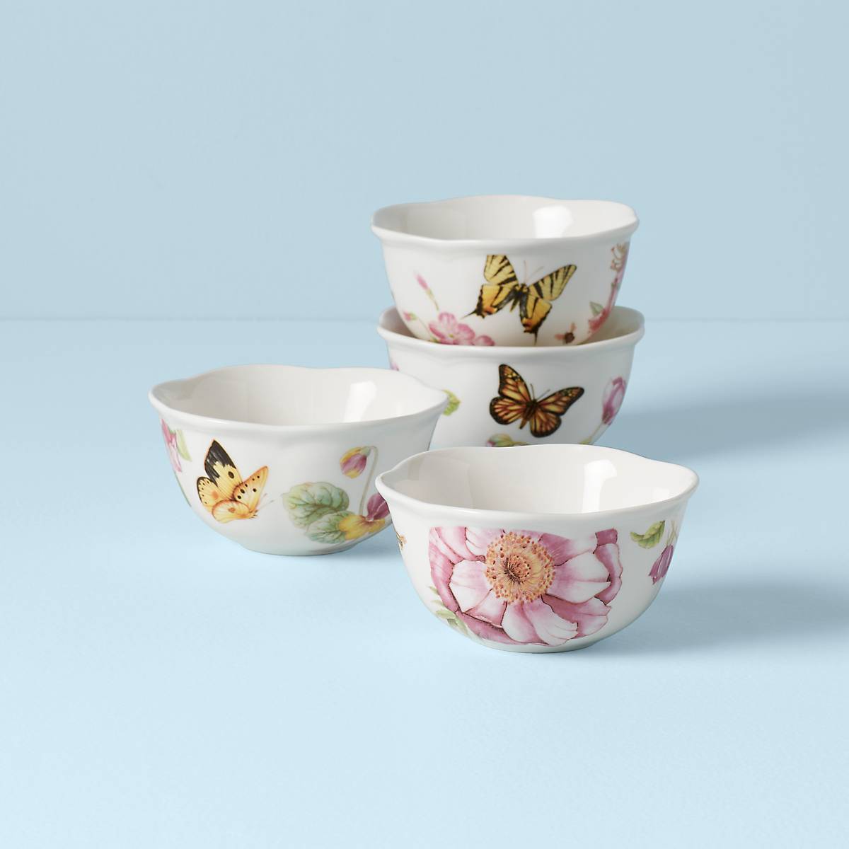 Ceramic Dessert Bowls Set with Floral & Butterfly Design | Butterfly Meadow Bloom