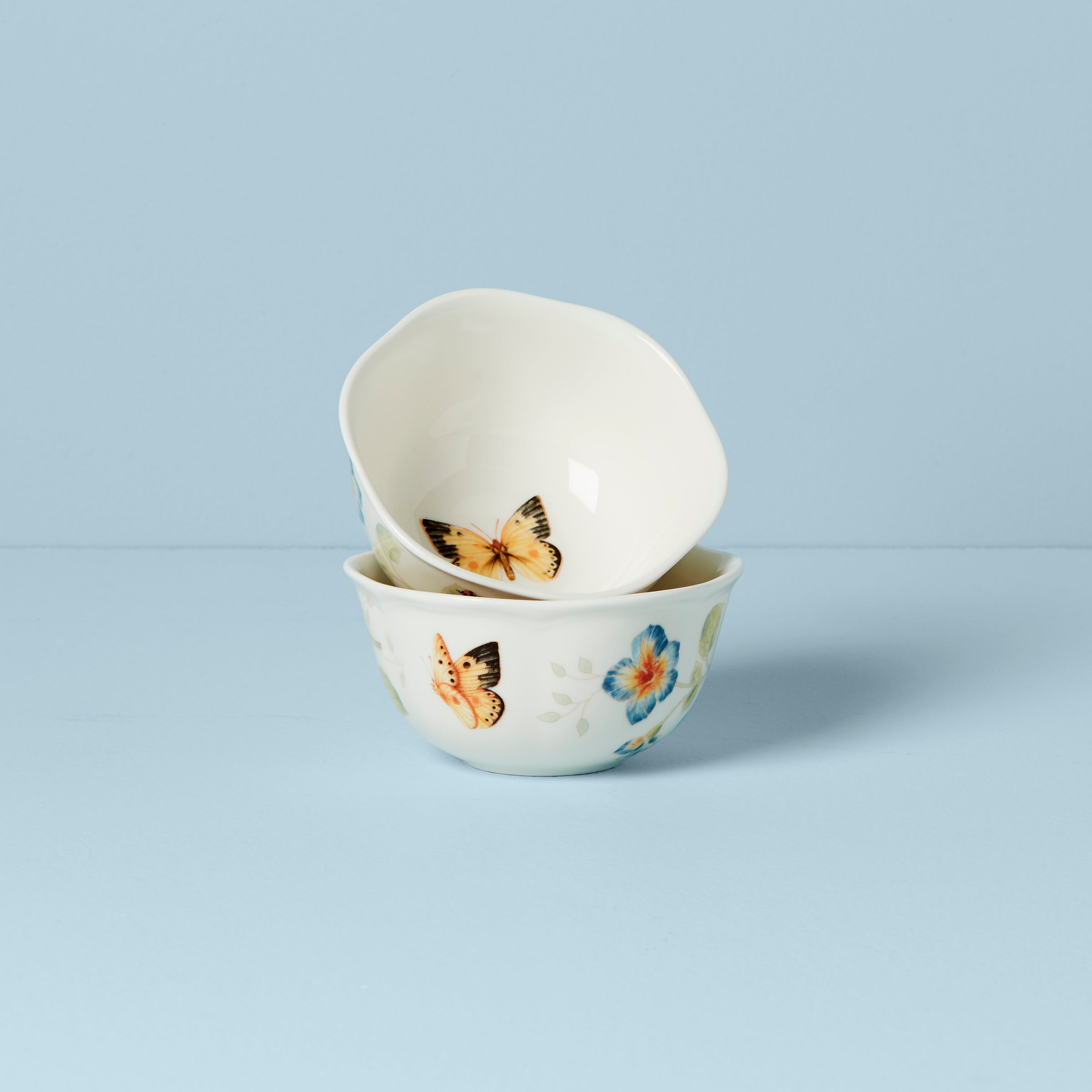 Porcelain Dessert Bowls Set with Scalloped Rim & Butterfly Design | Butterfly Meadow