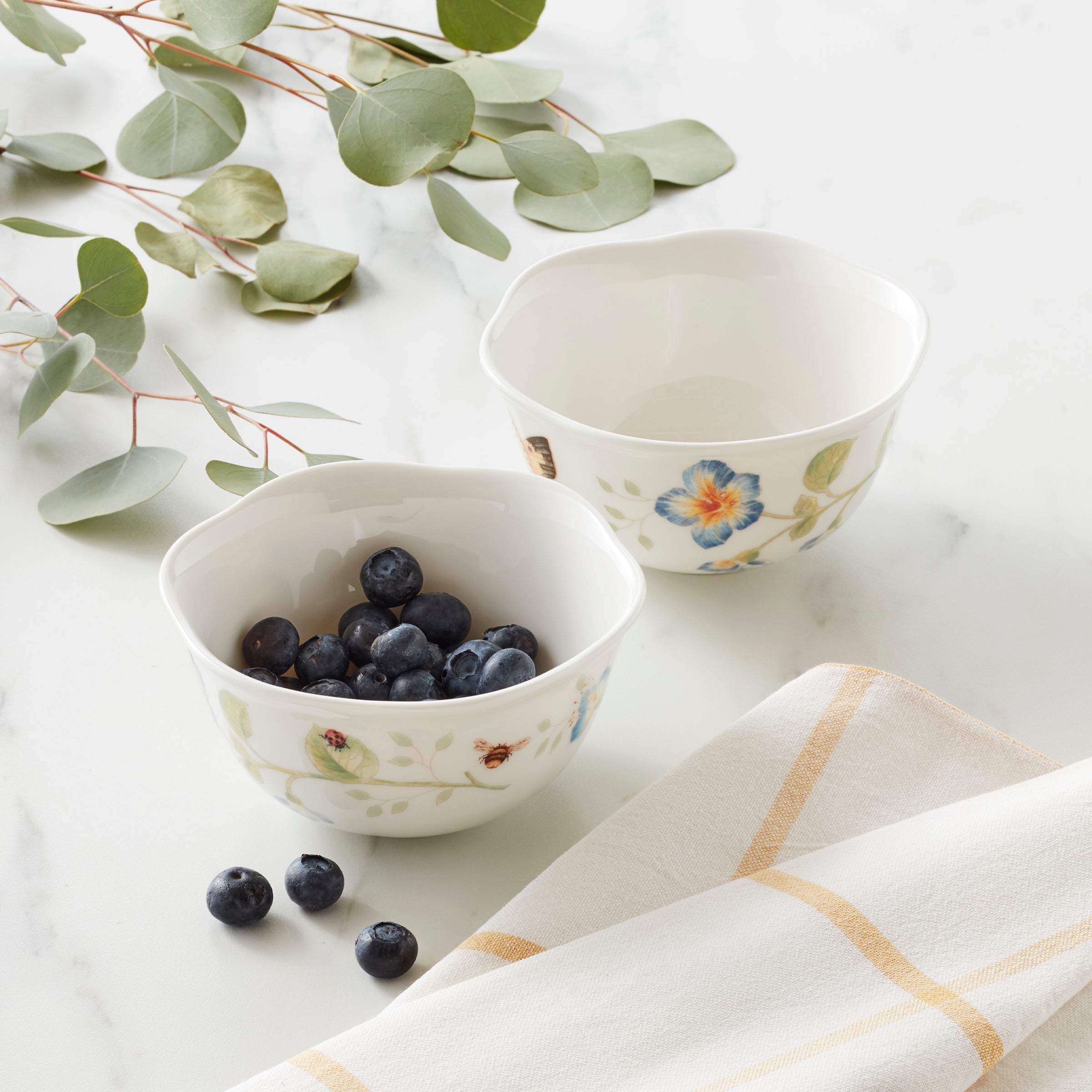 Porcelain Dessert Bowls Set with Scalloped Rim & Butterfly Design | Butterfly Meadow