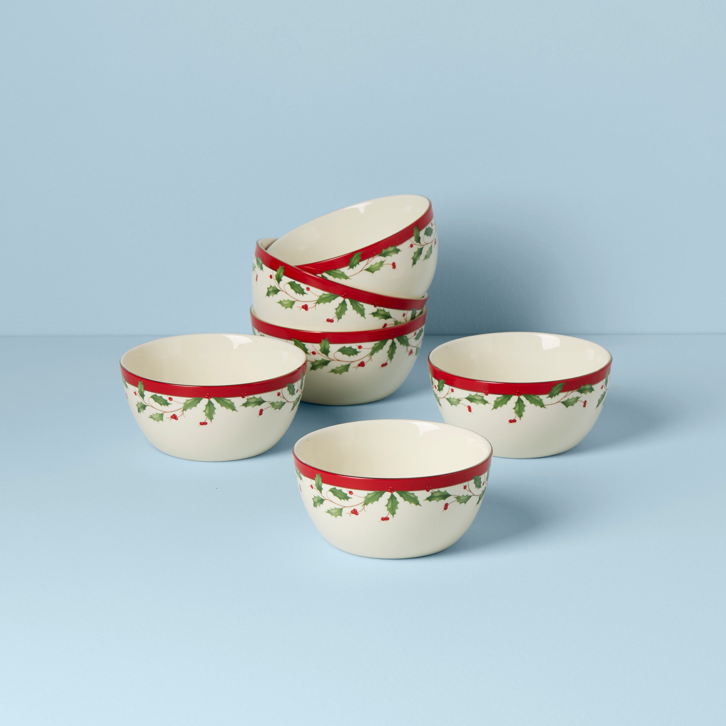 Holiday Dessert Bowls Set of 6 - Christmas Holly & Berry Design