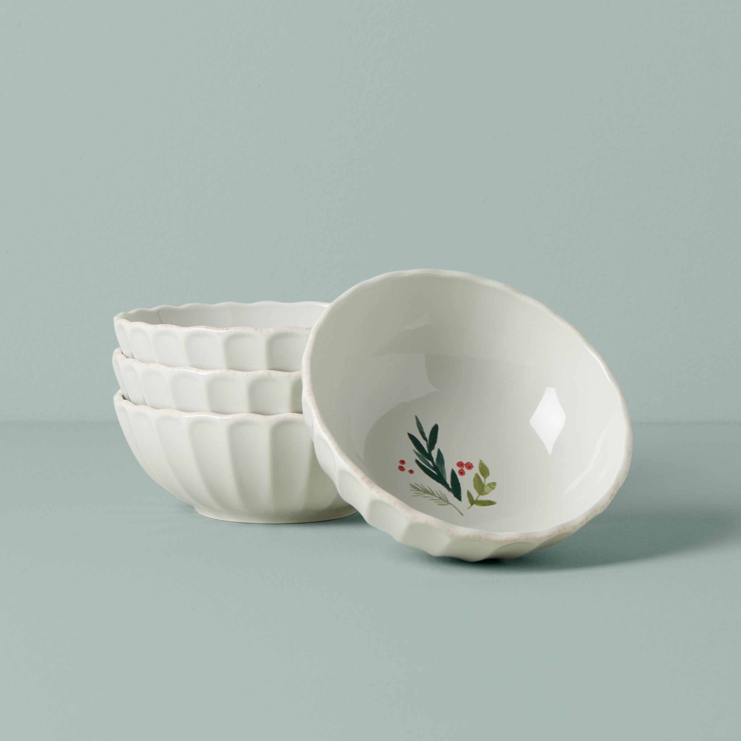 Handpainted French Perle Berry Bowls - Set of 4 | Winter Holiday