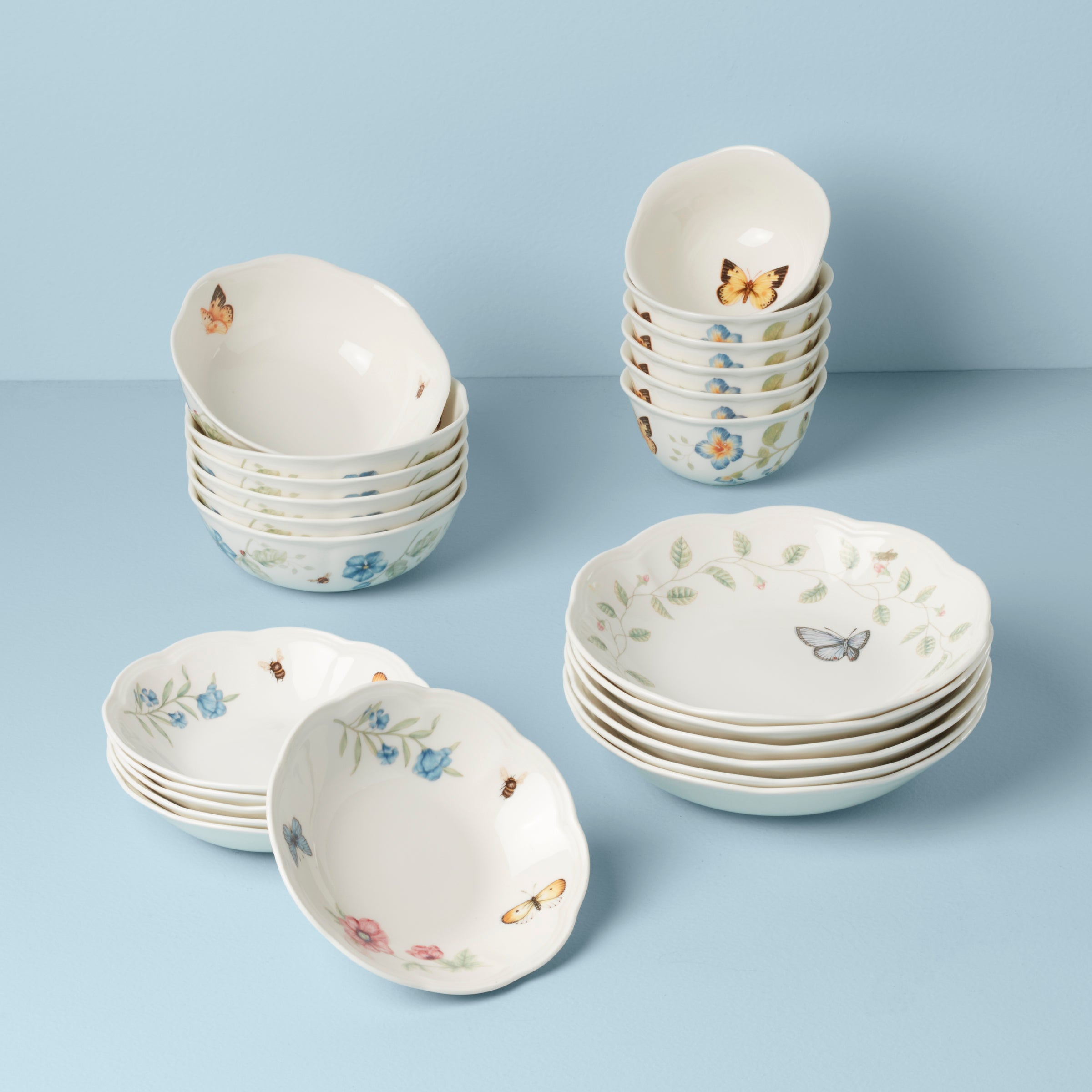 24-Piece Porcelain Bowl Set with Floral & Butterfly Design | Butterfly Meadow