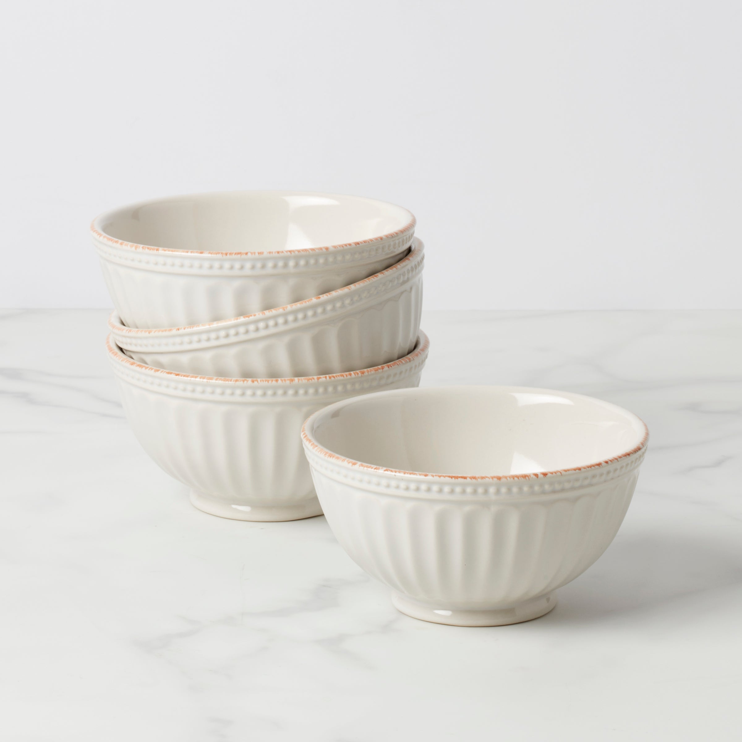 Stoneware Bowls Set of 4 with Carved Design & Tea-Stained Details | French Perle