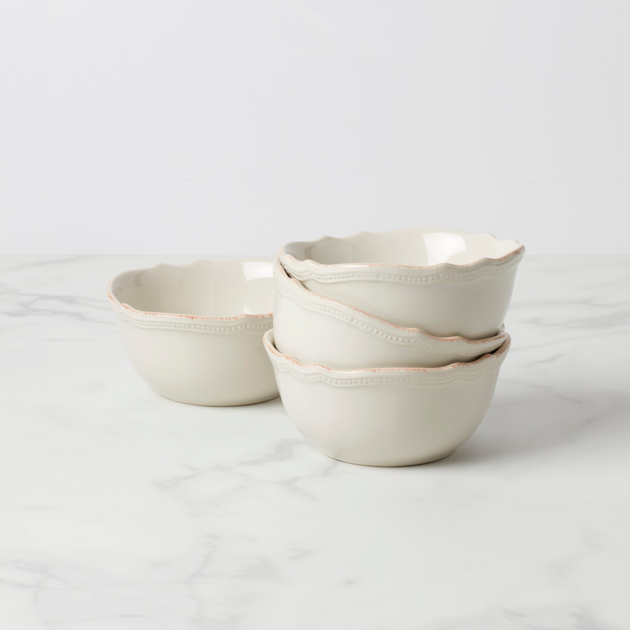 Ceramic Bowls Set of 4 with Scalloped Border | French Perle Bead