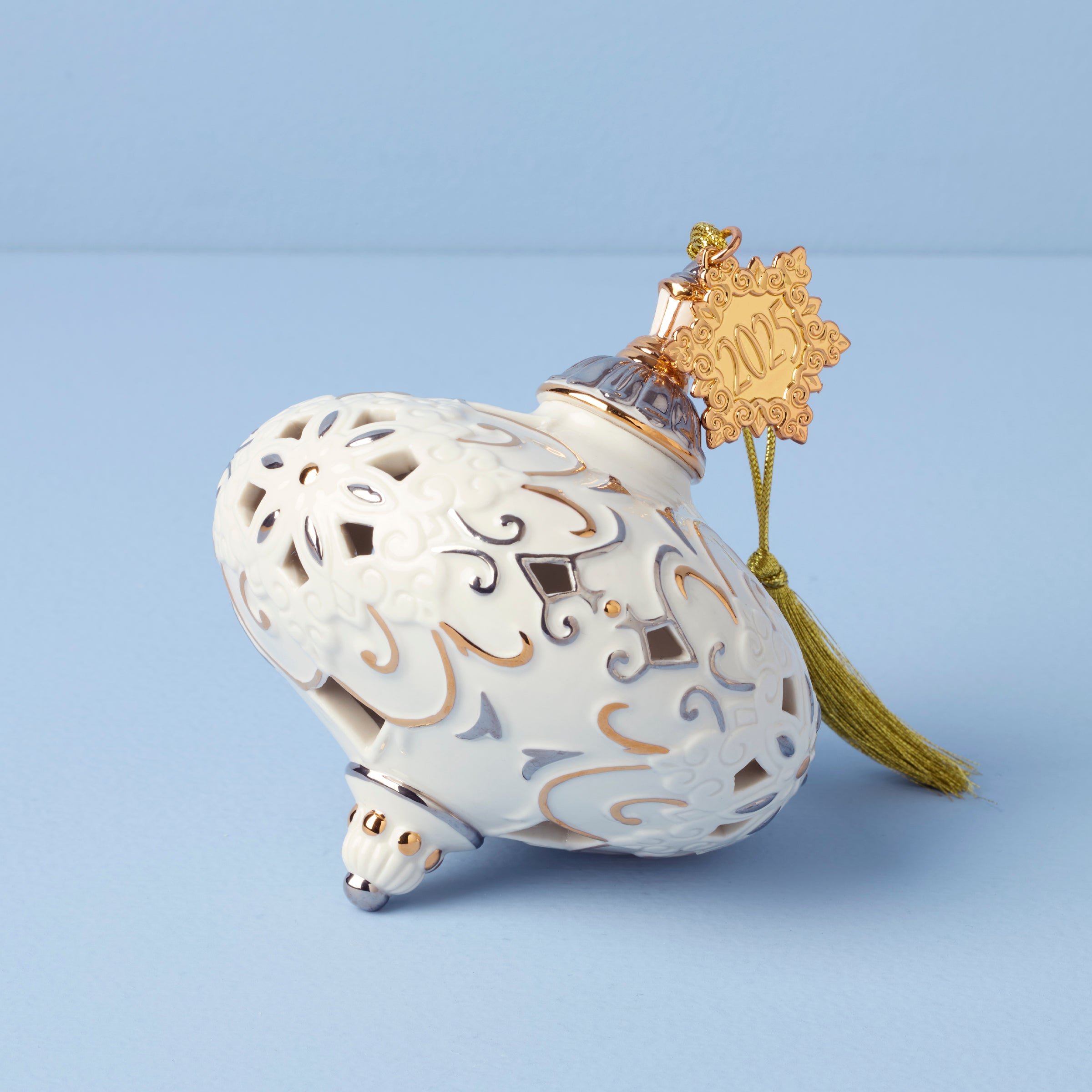 2025 Lenox Porcelain Christmas Ornament with Snowflake Cutouts | Ivory & Gold