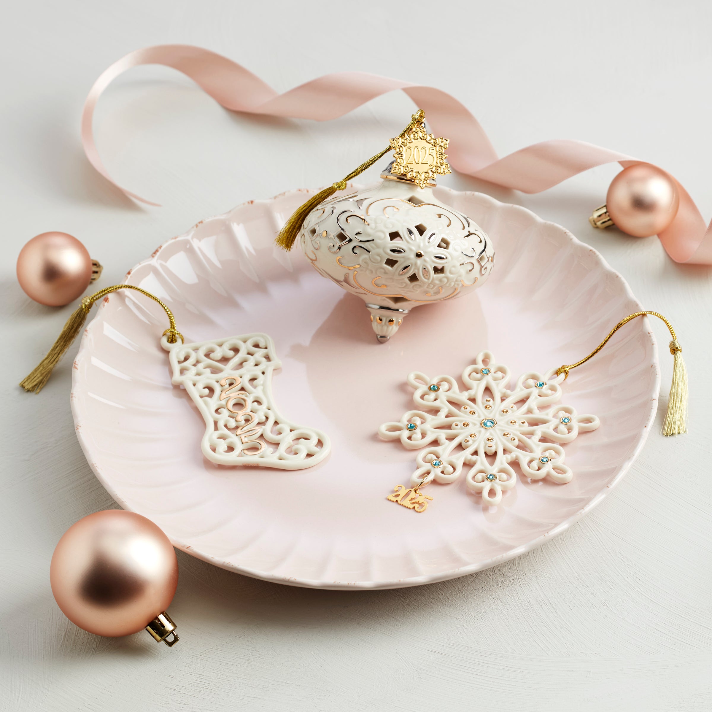 2025 Lenox Porcelain Christmas Ornament with Snowflake Cutouts | Ivory & Gold