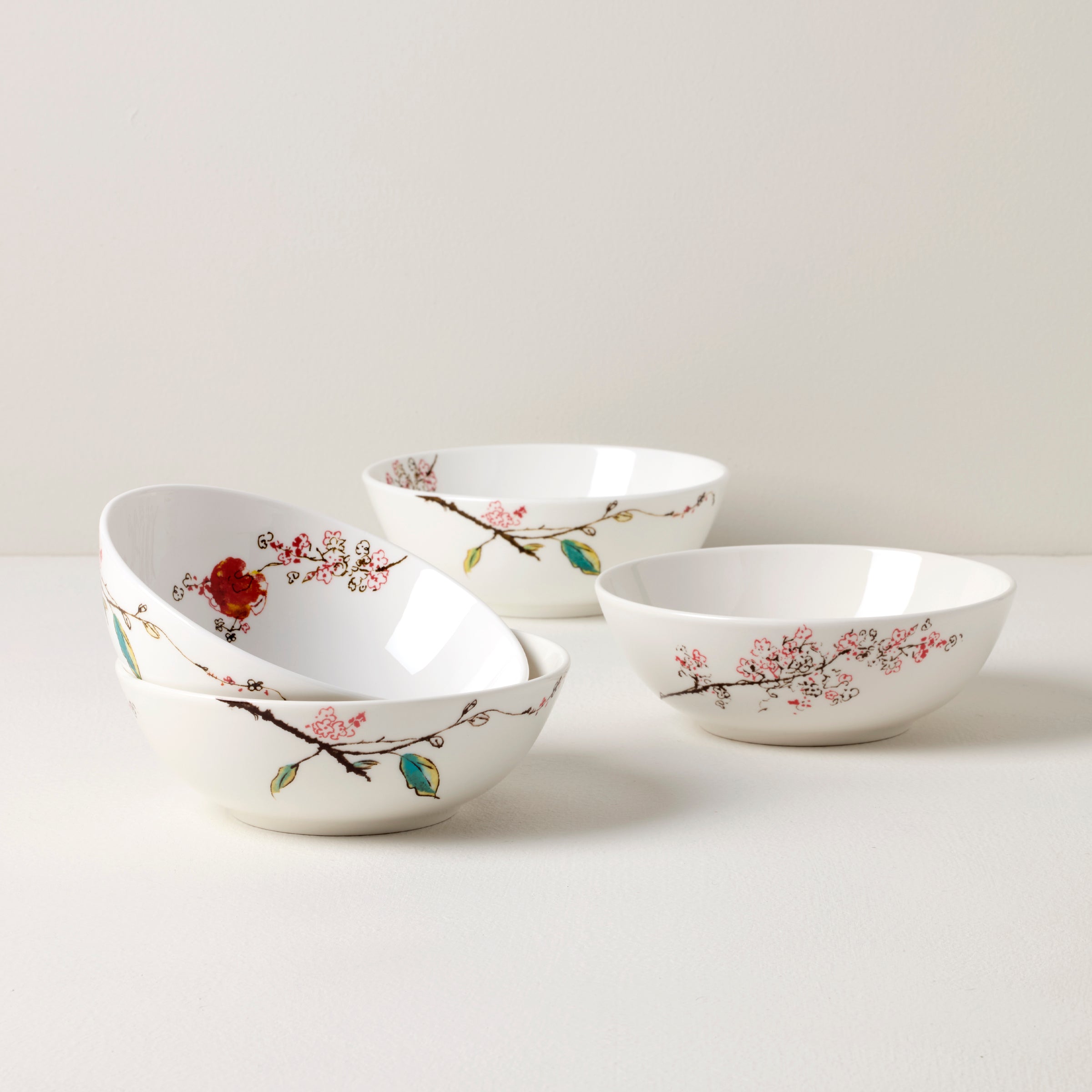 Porcelain Soup Bowls Set of 4 with Floral & Bird Design | Chirp