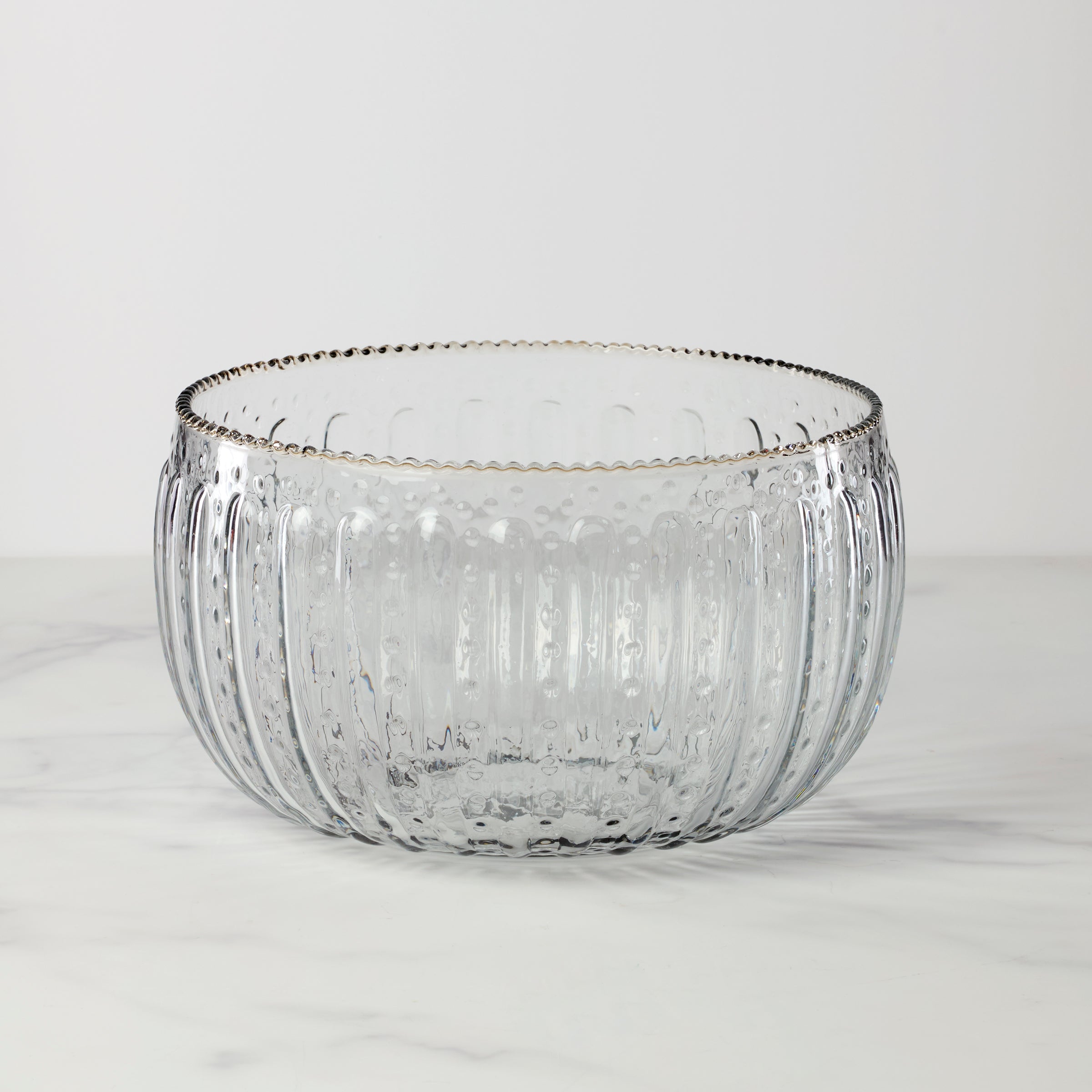 Artisan Crafted Glass Bowl with Ruffle Edges & Linear Dots | Clear Decorative Bowl