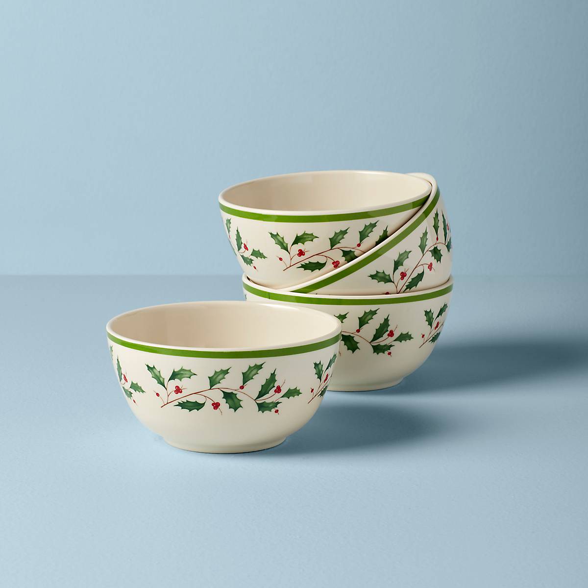 Holiday Melamine Bowls Set of 4 - Festive Holly Design
