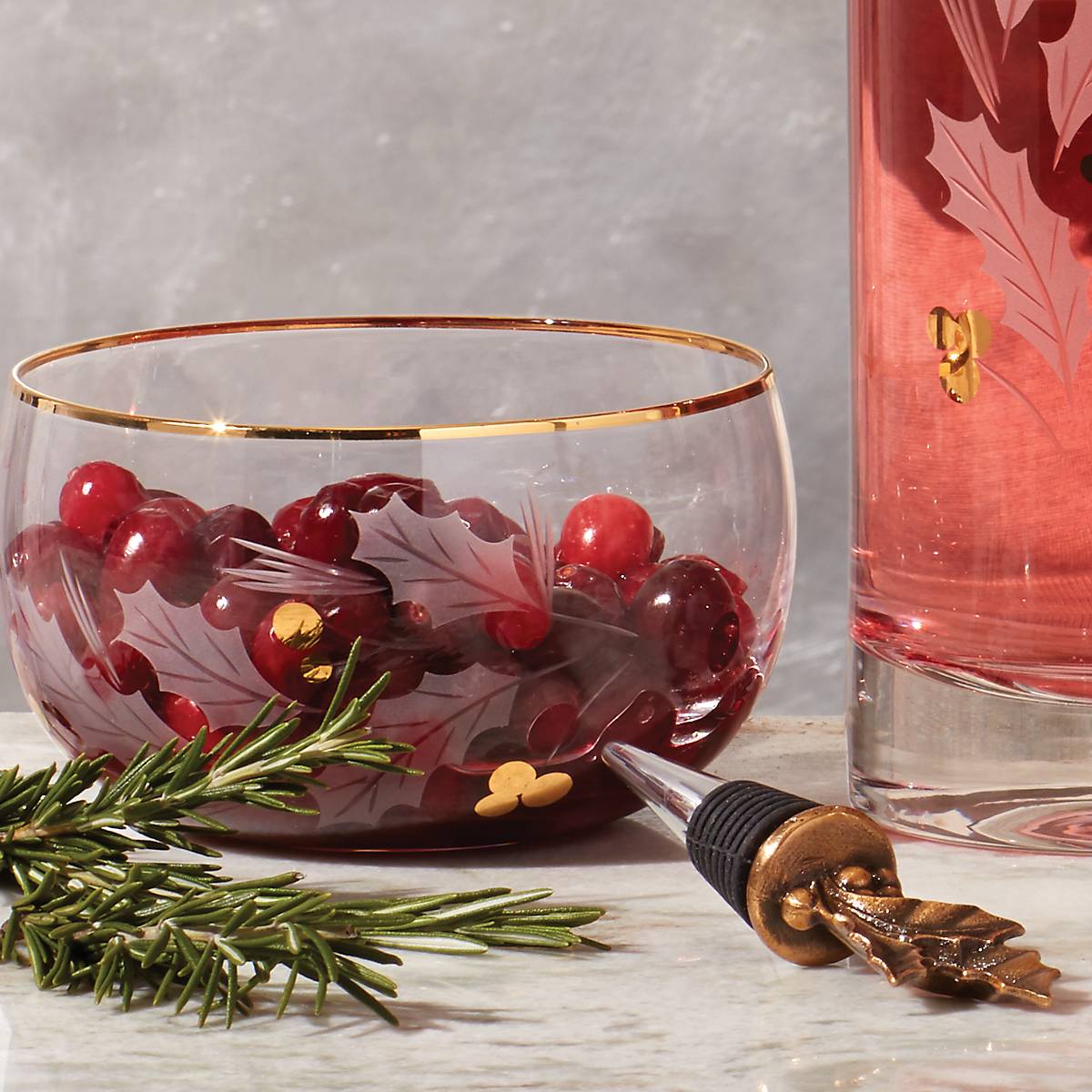 Holiday Gold Glass Nut Bowl with Holly Leaf Design | Elegant Serving Dish