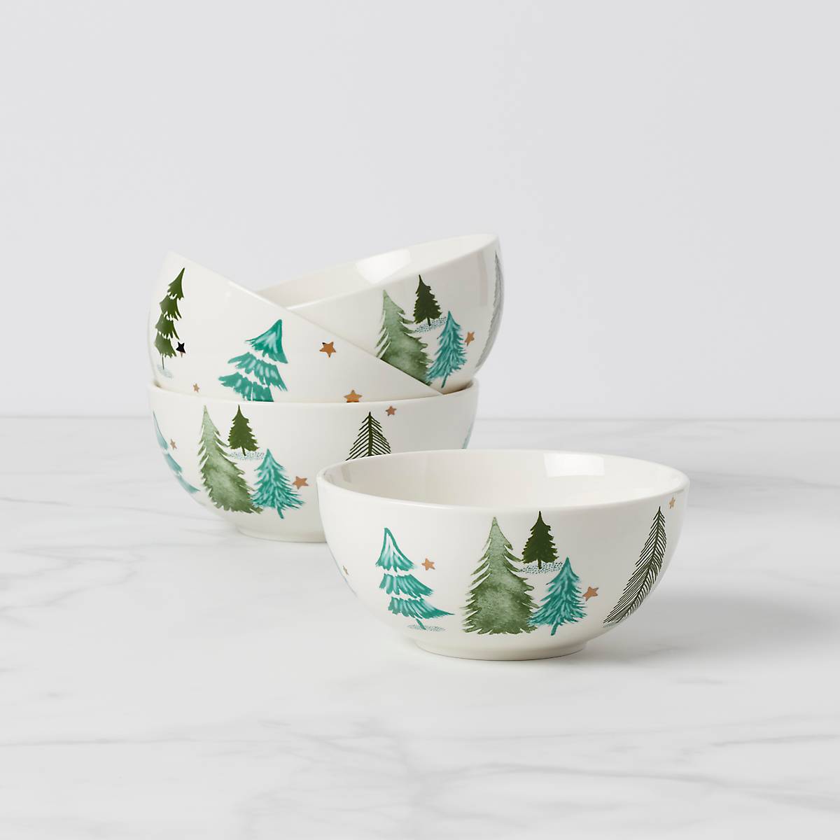 Ceramic Bowls Set of 4 with Painted Evergreens & Stars | Balsam Lane